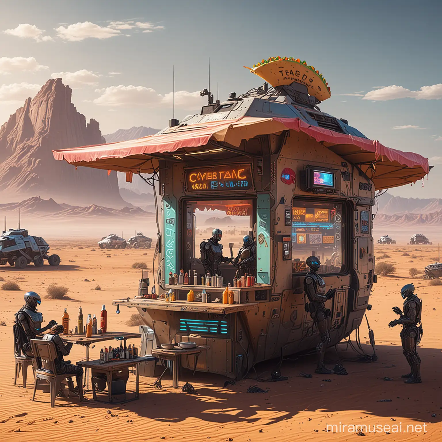Cyberpunk taco stand on a distopian desert with robots and cyborgs chatting happily with each other