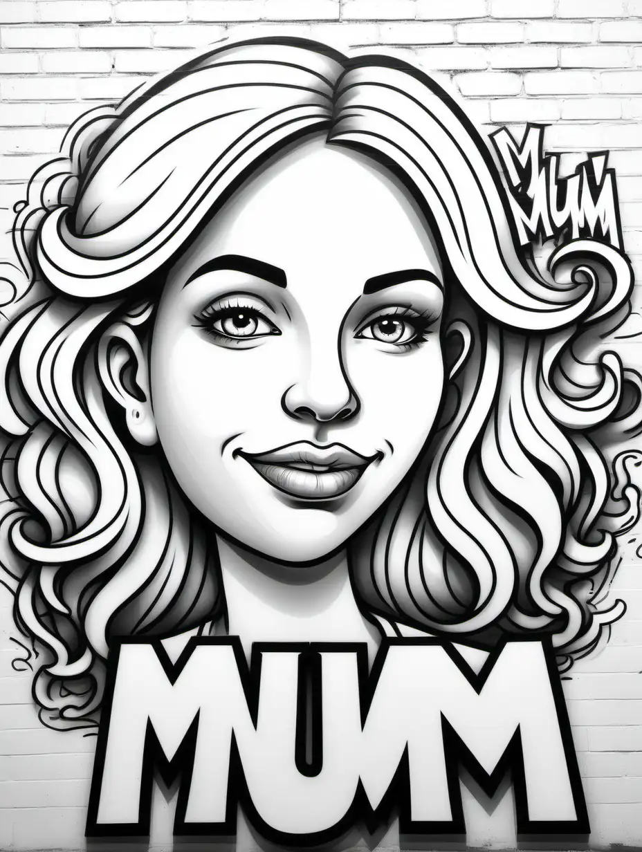 Create a graffiti colouring page, all white , black outline, no colour, graffiti art, with the word mum, with a  woman portrait behind MUM , on a wall, no shading, low detail, white background , colouring page, graffiti art style, cartoon art style 