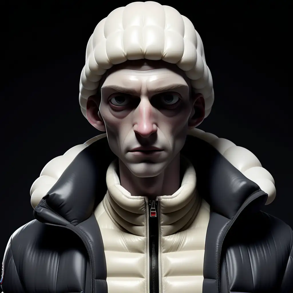 exceptionally tall and thin physique, embodying an elongated appearance. His face should be entirely devoid of features, presenting a smooth, blank surface. The character's pale or white skin should contrast with a dark, Moncler puffer jacket. Ensure his arms are disproportionately long, either hanging by his side or reaching out menacingly, while maintaining a minimalist and unsettling aesthetic throughout the entire figure."