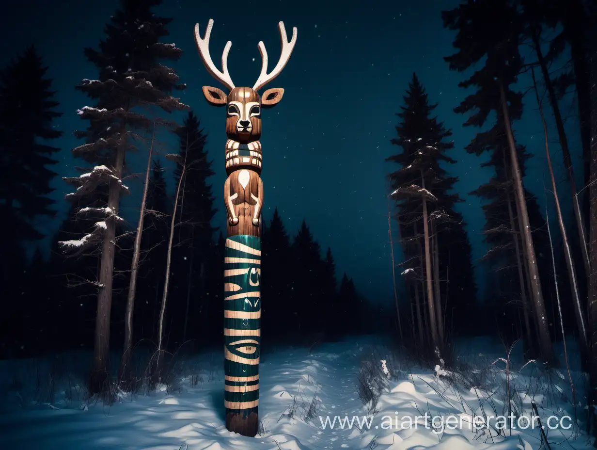 ominous wooden totem pole of a deer, snowy night stripe, forest