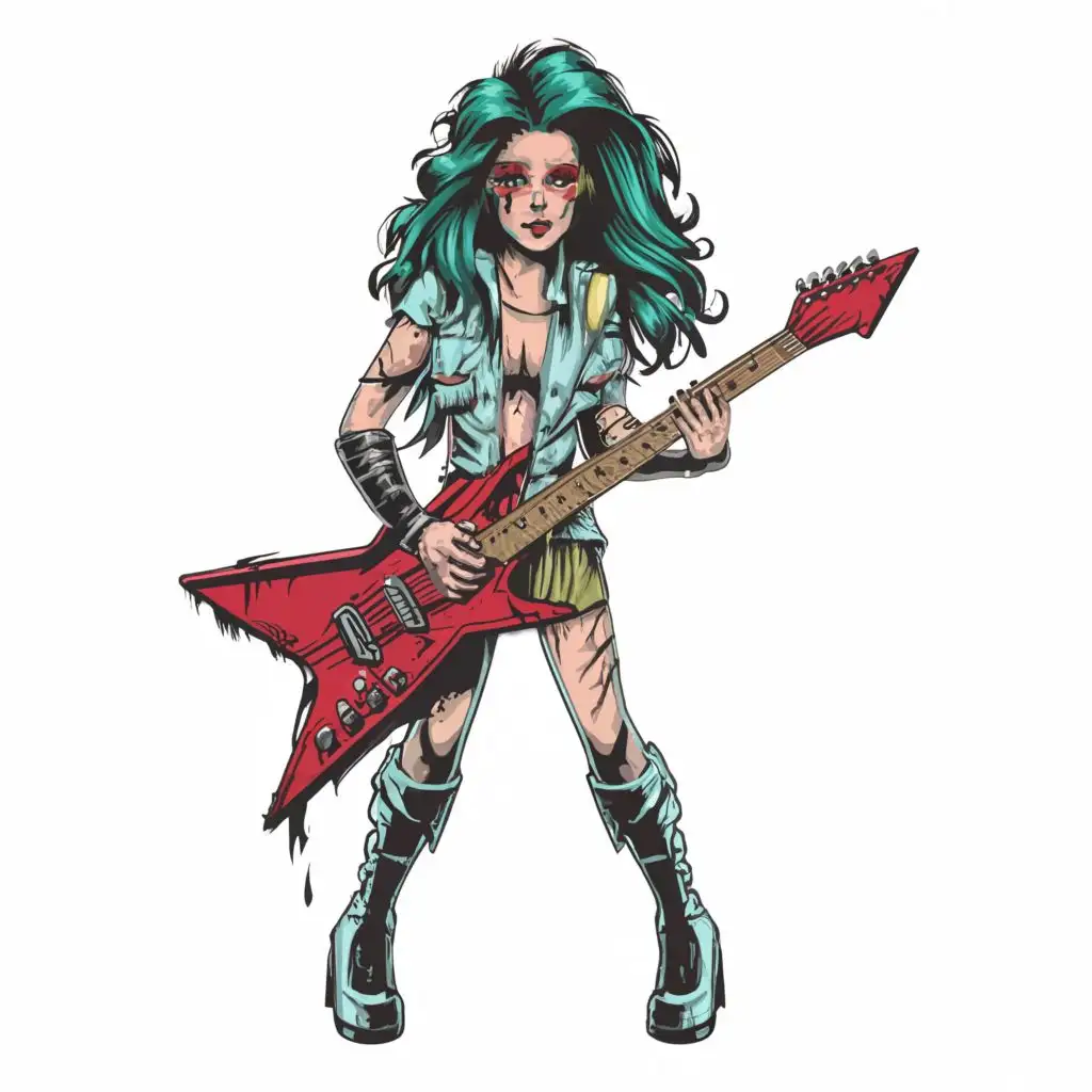 logo, logo, t-shirt vector zombie guitarist girl, electric guitar, 80s style clothing, boots, long hair, rockin  out at a concert, dark art, rim light, ultra detail, marvel comic illustration, pen and ink painting marvel style theme white background, Contour, Vector, white background, no words, ultra Detailed, ultra sharp narrow outlined image, no jagged edges, vibrant neon colors, typography,, with the text ".", typography