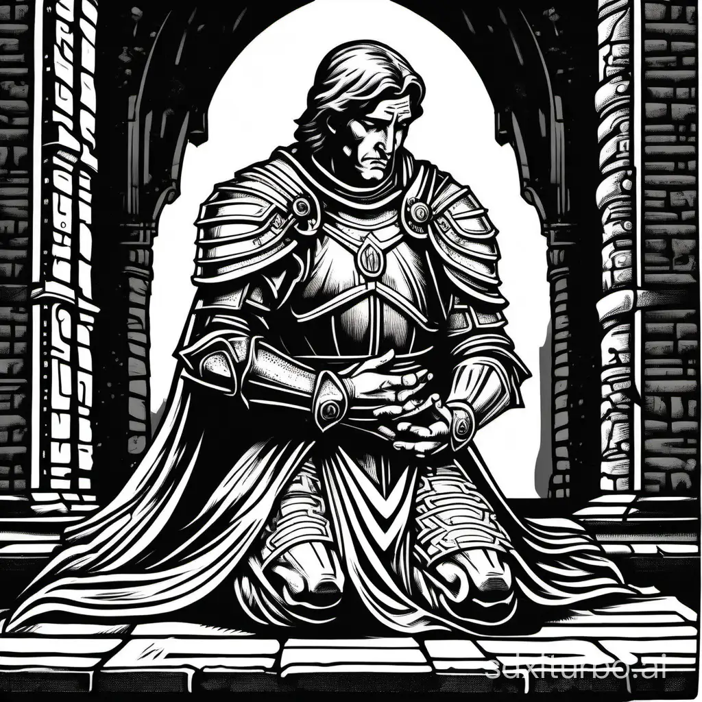 woodcut art, a paladin kneeling and praying, half body, black and white ink, high contrast, heavy lines, vector, no gradients, style of classic AD&D, by Jeff Dee,