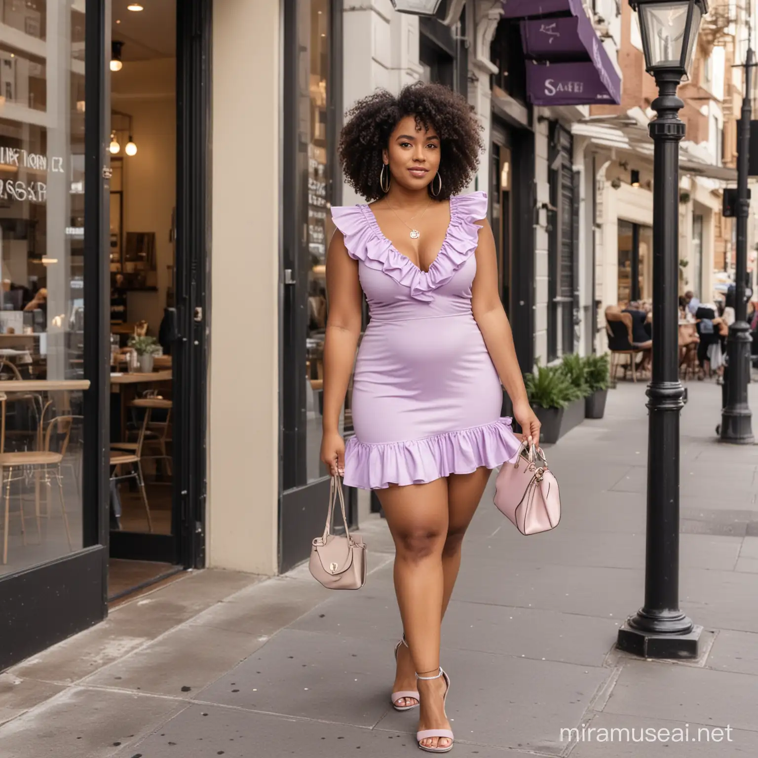 a curvy caramel skin African American woman with black loose curly afro she's wearing a Lilac beautiful v neck sleeveless double ruffle mini dress beautiful sparkling necklace thin hoop earrings sparkling lilac gladiator peep toe high heel shoes She's standing in front of a fancy cafe she's confident matching handbag full length body image from head to toe.