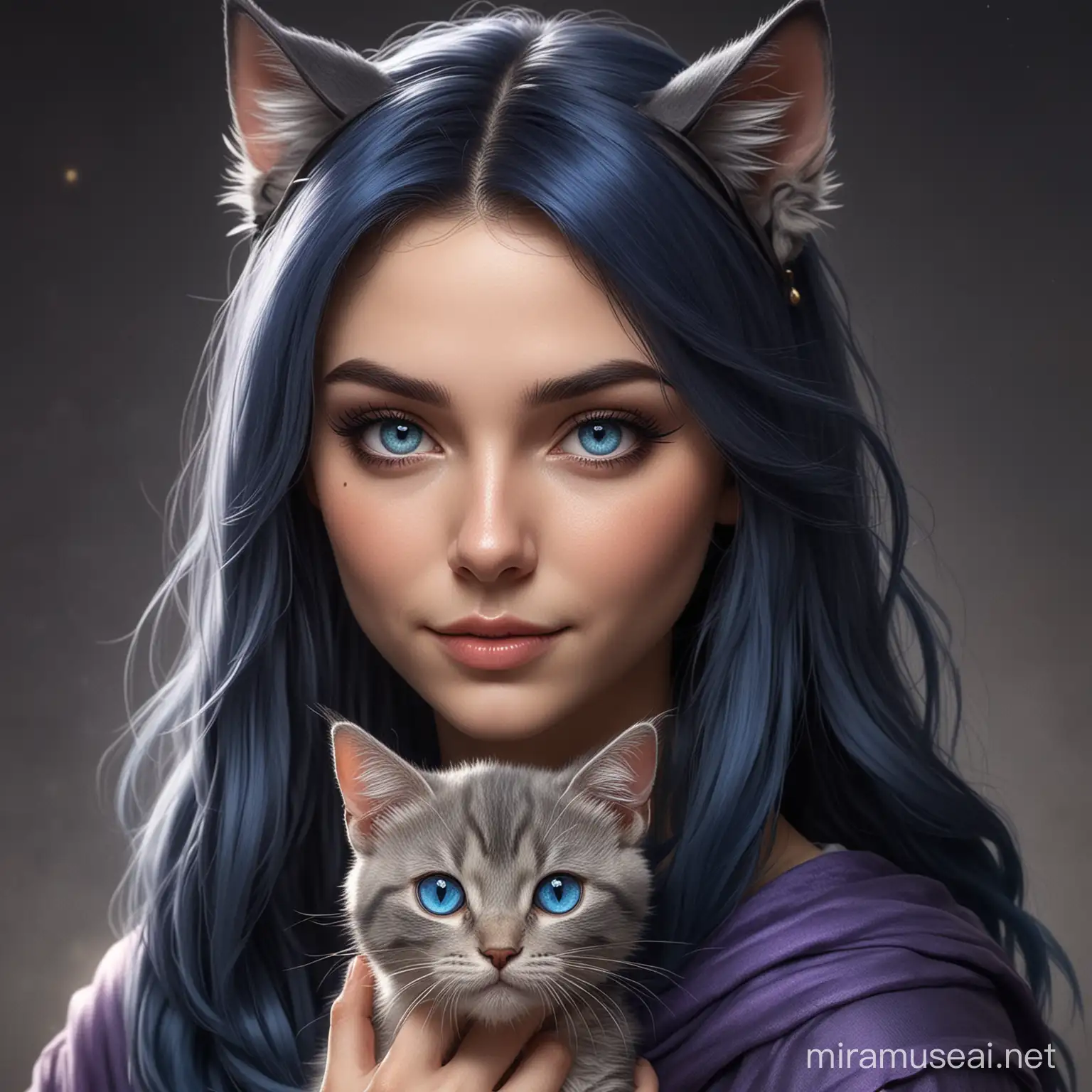 A Caucasian female wizard with blue eyes and dark blue hair and small cat ears and her tabby cat familiar