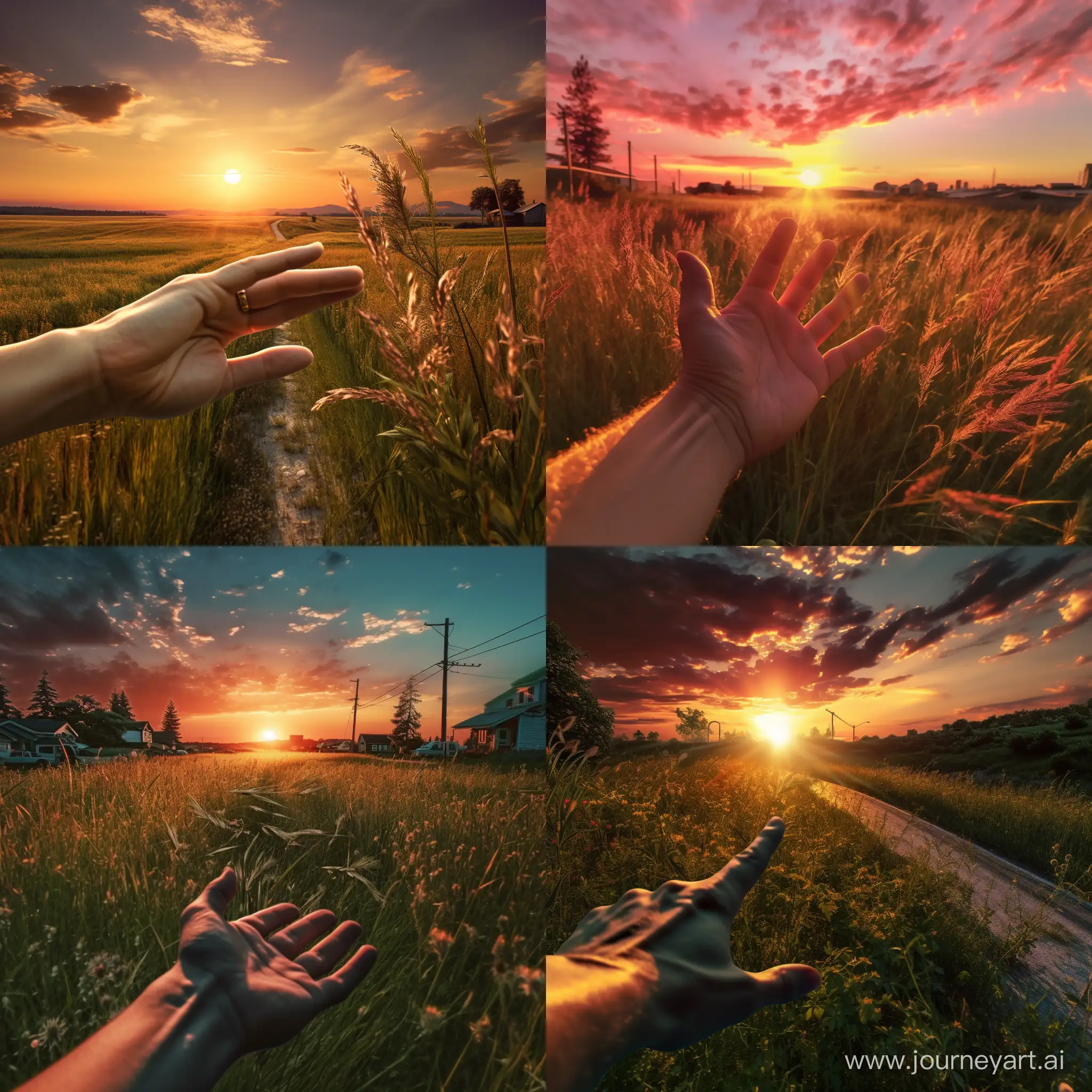 человеческая рука выдвинута справа снизу и на улице закат и поляна на которой трава реалистично 