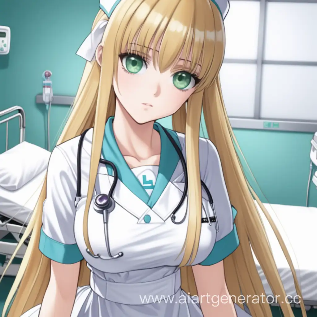 girl, big breasts, big green eyes, long blonde straight hair with straight bangs,She is wearing a short seductive nurse's dress, she is in the hospital, anime style