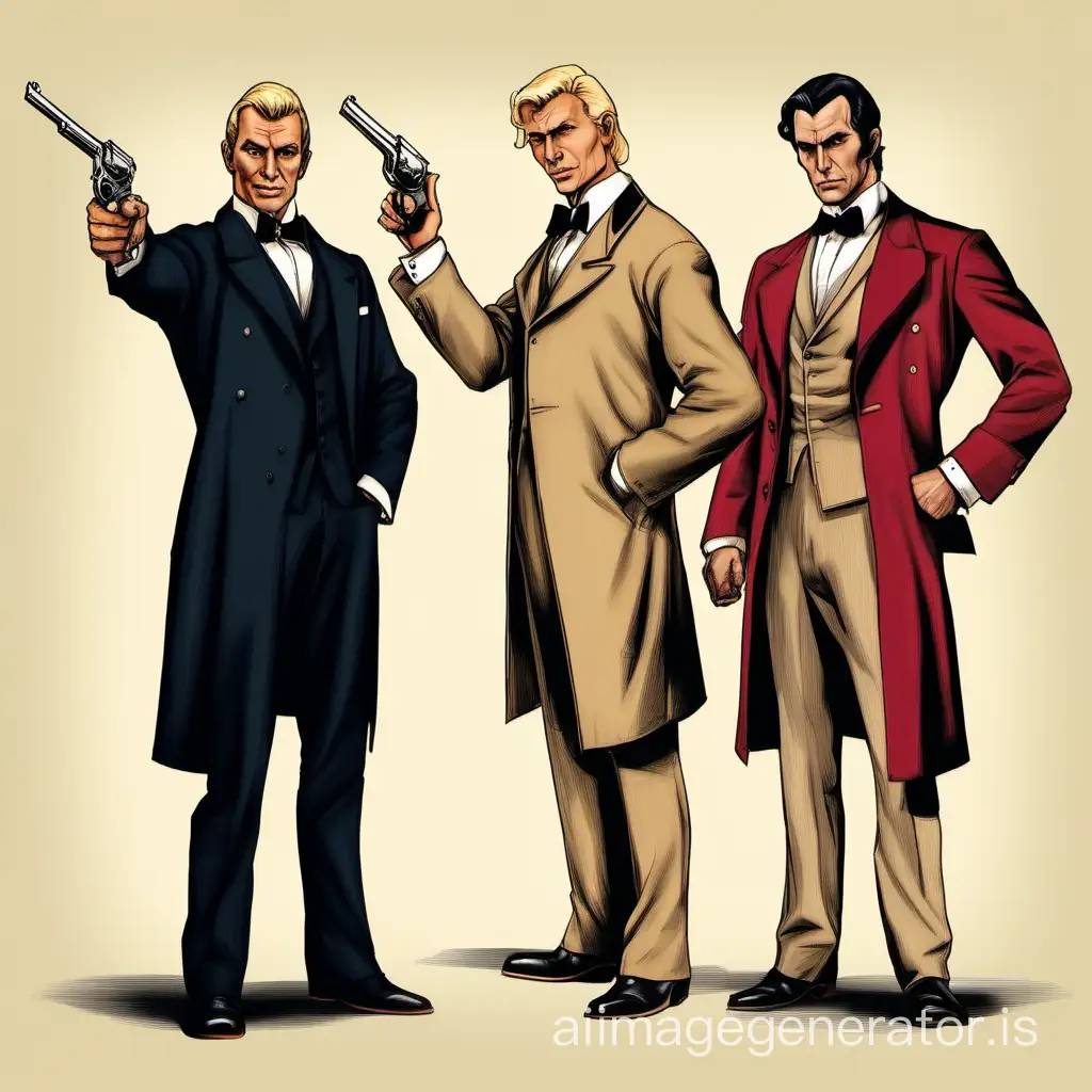 Two men  wear Victorian era clothes. They are 35 years old. The blonde man holds an antique six-shooter revolver with his right hand pointing up in a James Bond pose. He has no facial hair. He wears a beige suit with a red tie. The second man stands with his hands in his pockets. He has black hair and wears a dark suit. He is taller than the blonde man. He is clean-shaven. Neither man wears a hat.