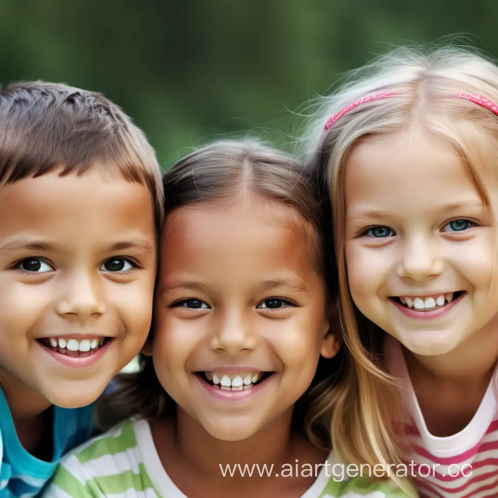 сгенерировать фотографию группы из 3 детей улыбающихся