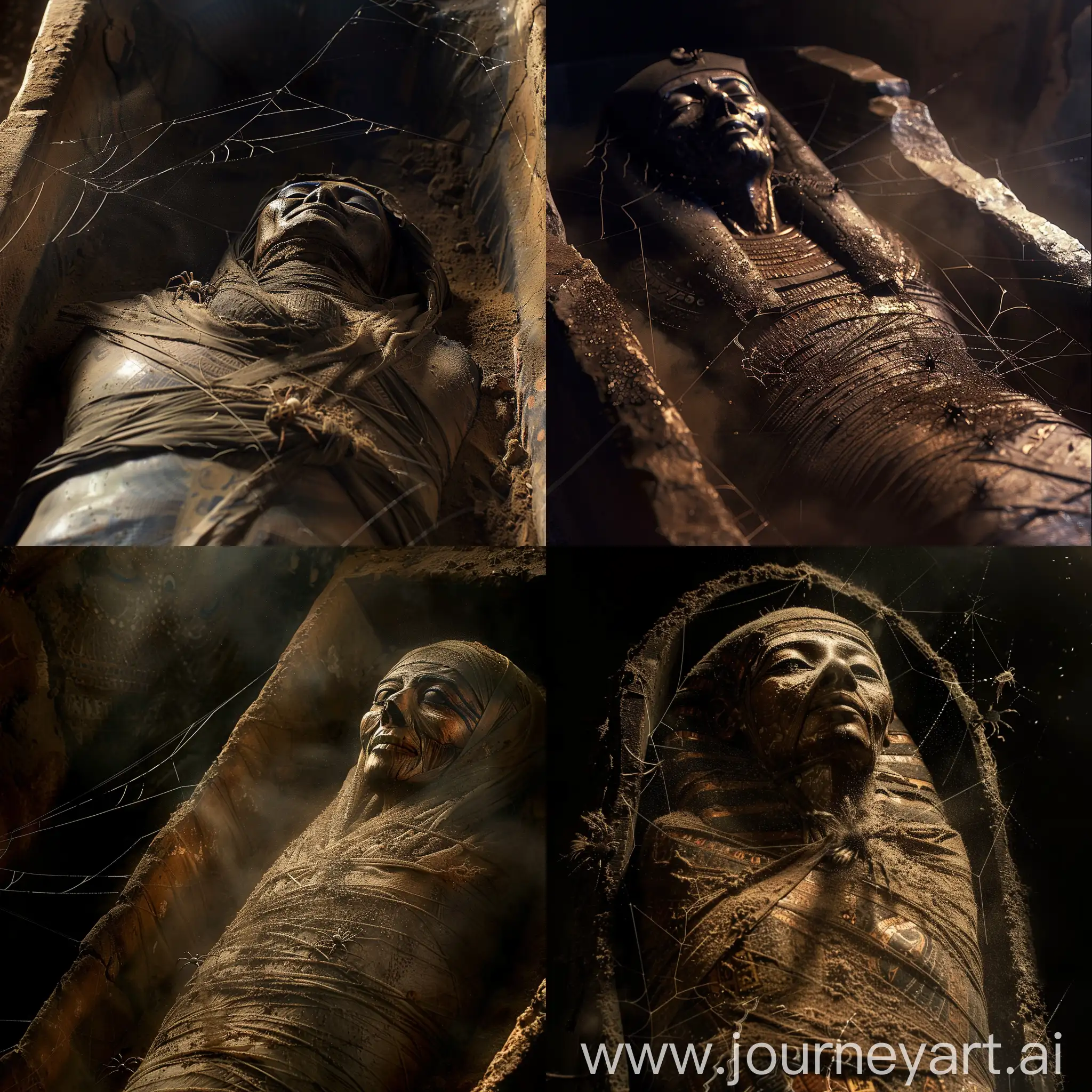 Ancient-Egyptian-Cursed-Soul-Mummy-Resting-in-Coffin-with-Wrath-and-Spider-Web