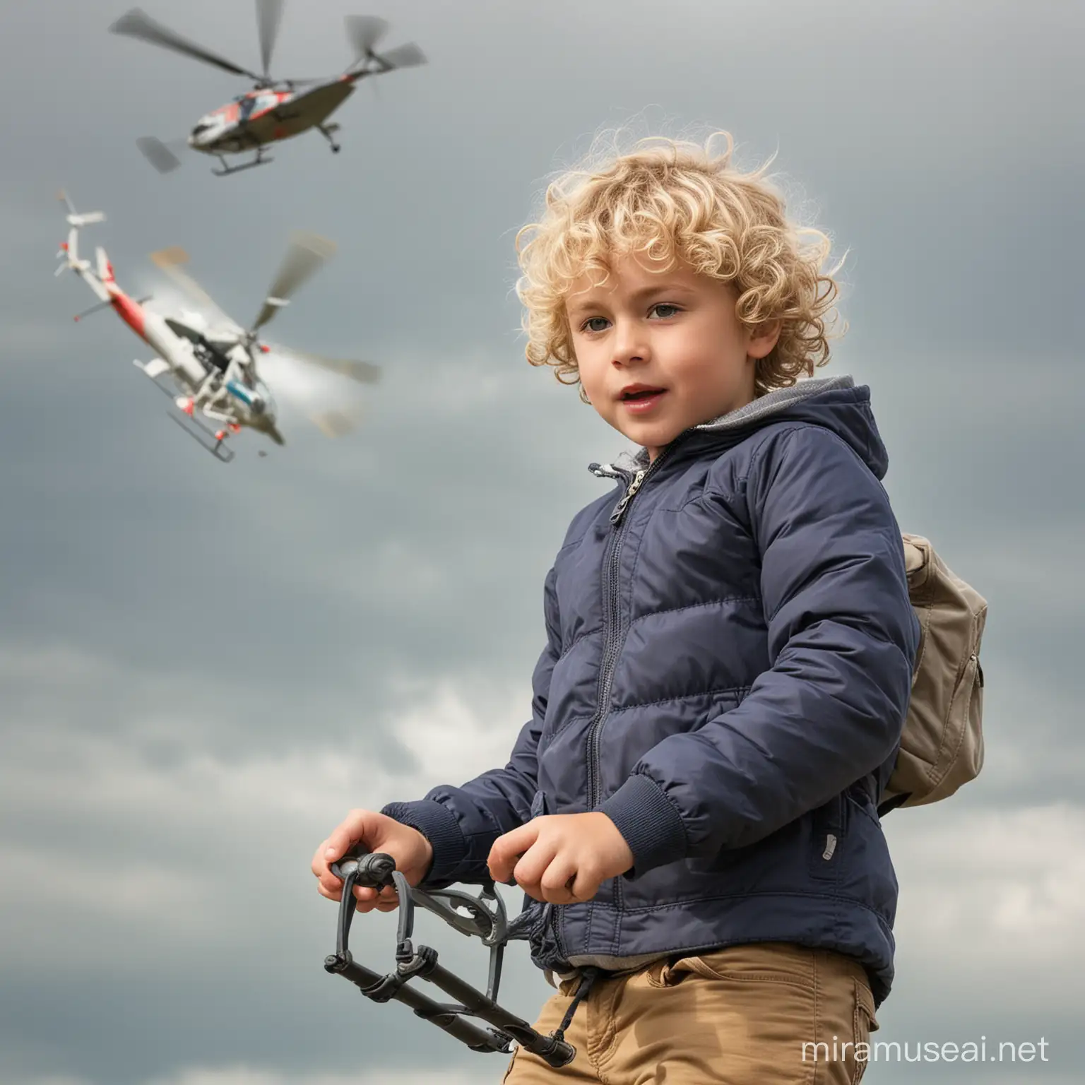 Little blond boy with curly hair is flying a helicopter