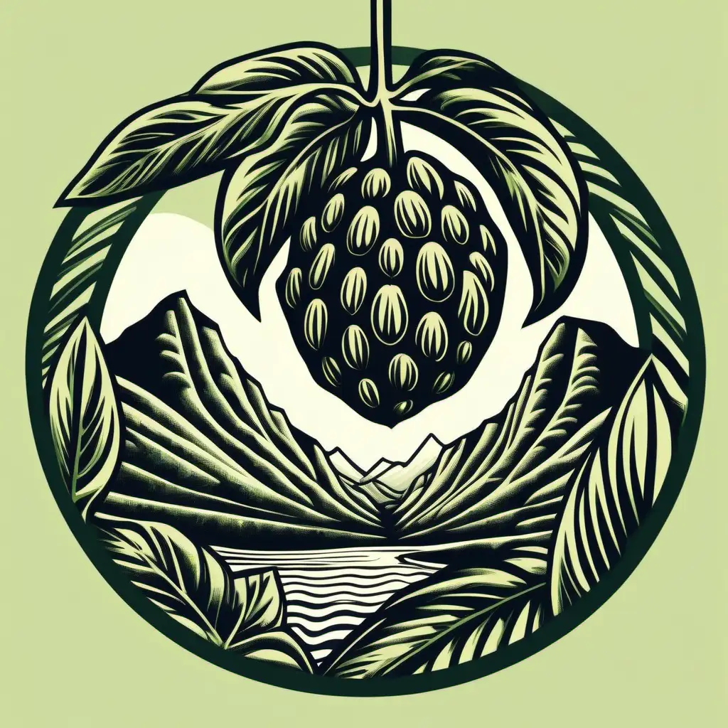 Imagine a block print style circular logo of one breadfruit plant with one fruit hanging with full leaves, closeup of leaves and round fruit, simple, vector, not shading or gradients, 1-2 colors plum color logo, mountain range in the background. Hawaiian inspired design elements. white background. add the mountains and correct the leaf shape




