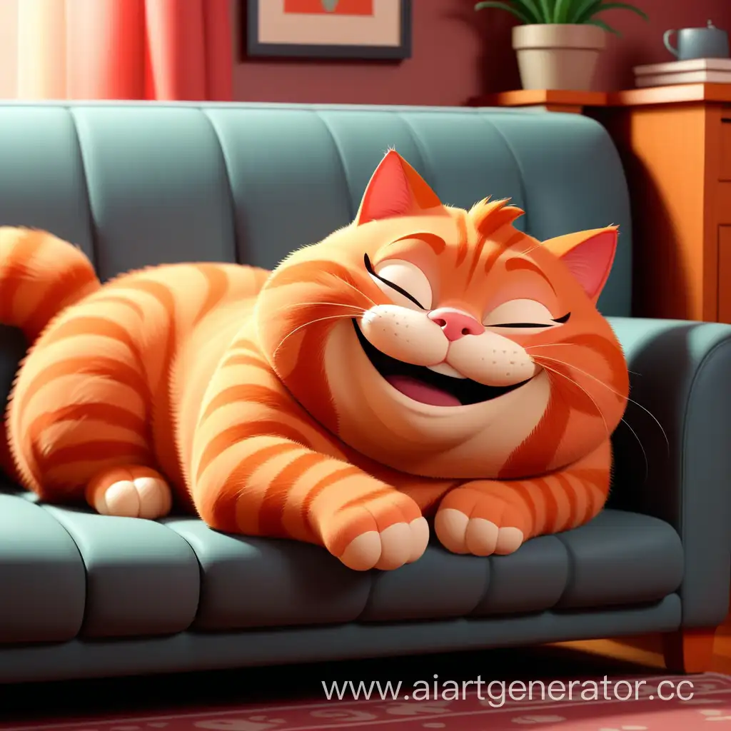 one fat red cat is lying on a couch and smiling dreamily. in the style of a children's cartoon