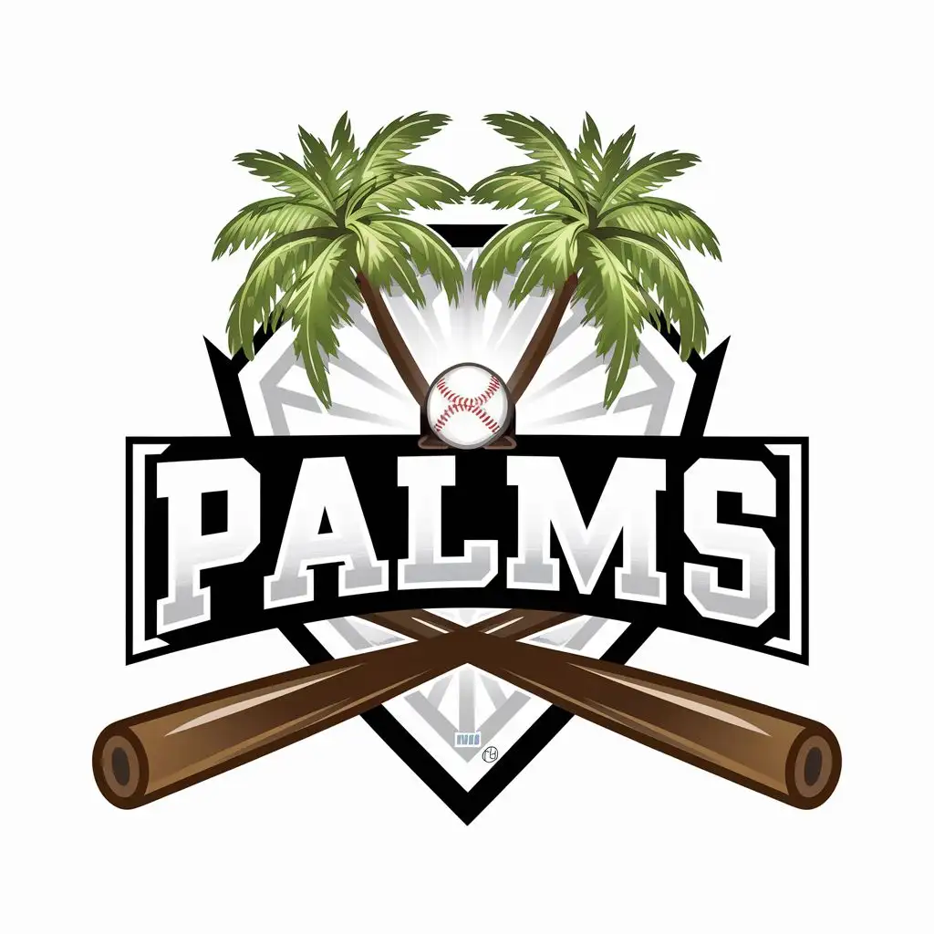 logo, palm trees and baseball bats and home plate, with green text "Palms", typography, be used in for a baseball team logo