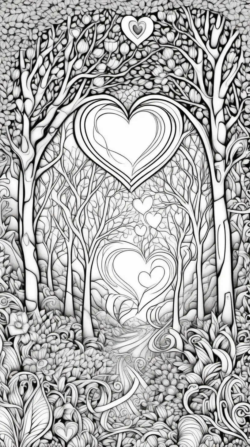 miracle, light, ribbon, love, trees, flowers, abstract detales, intricate detales, for coloring picture, for adults, detaled patern, snt. valentins day, thick lines, line art