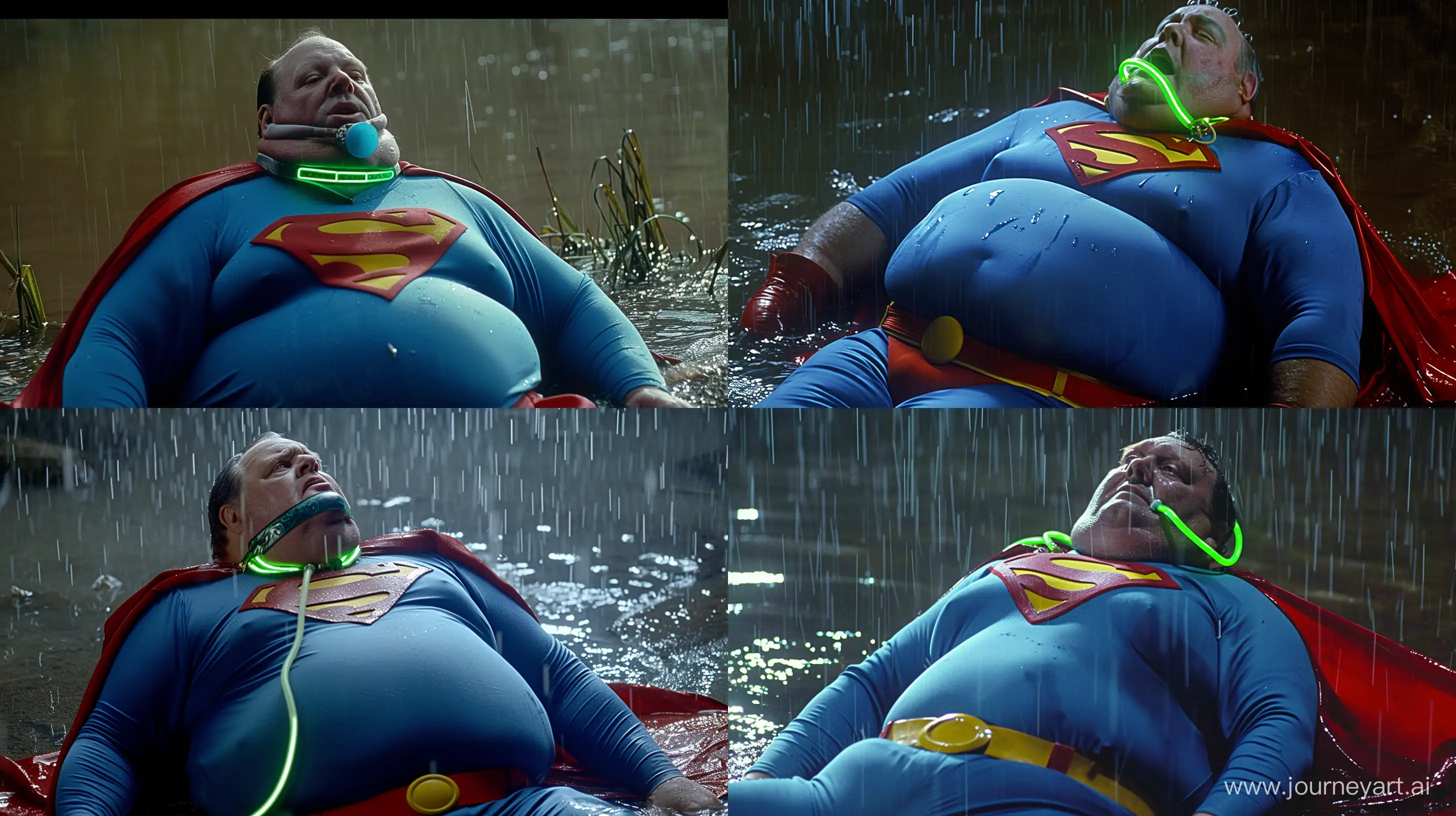 Eccentric-60YearOld-in-Vintage-Superman-Costume-Braving-the-Rain-with-Gag-and-Neon-Collar