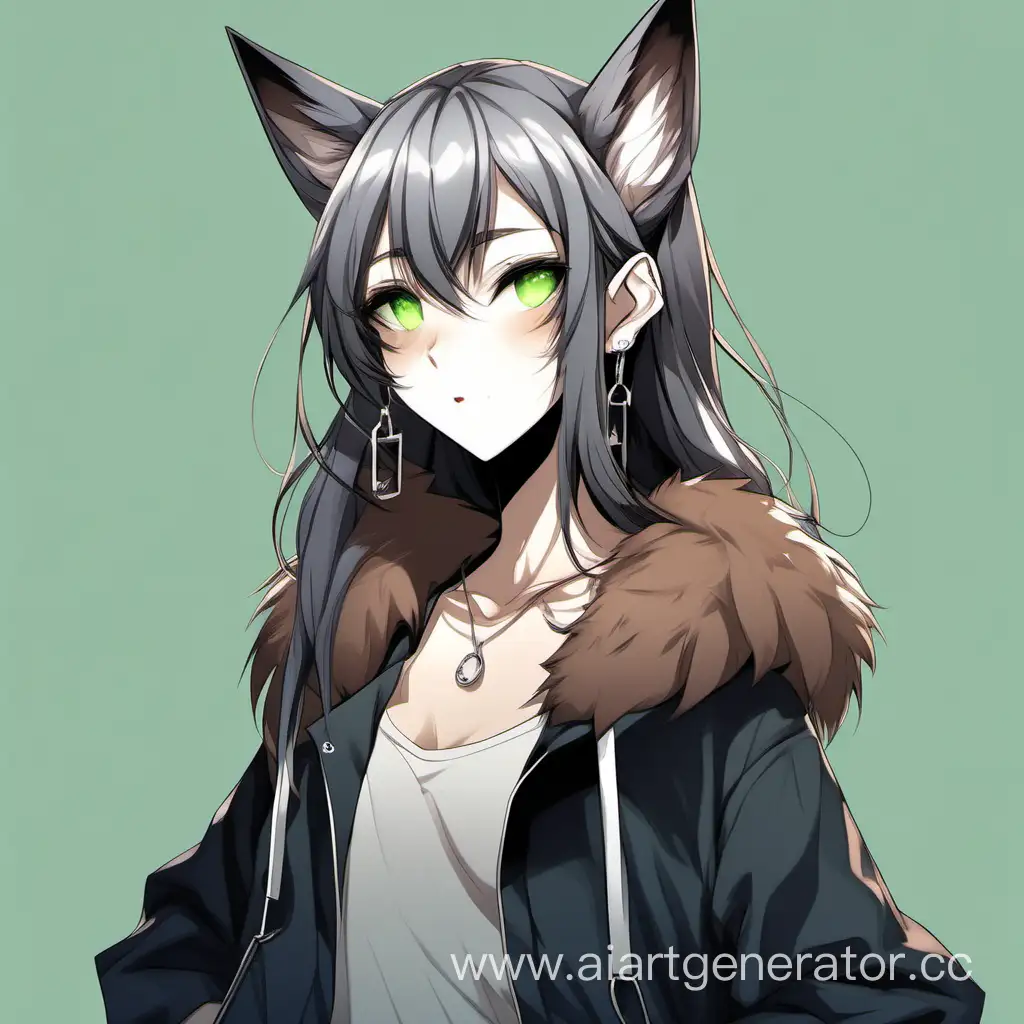 Half-human, half-animal, long ears with silver earrings, black tail with fur on the tip, brown-green eyes, paws on legs, closed clothes, short sharp fangs, full body, female, 19 years old