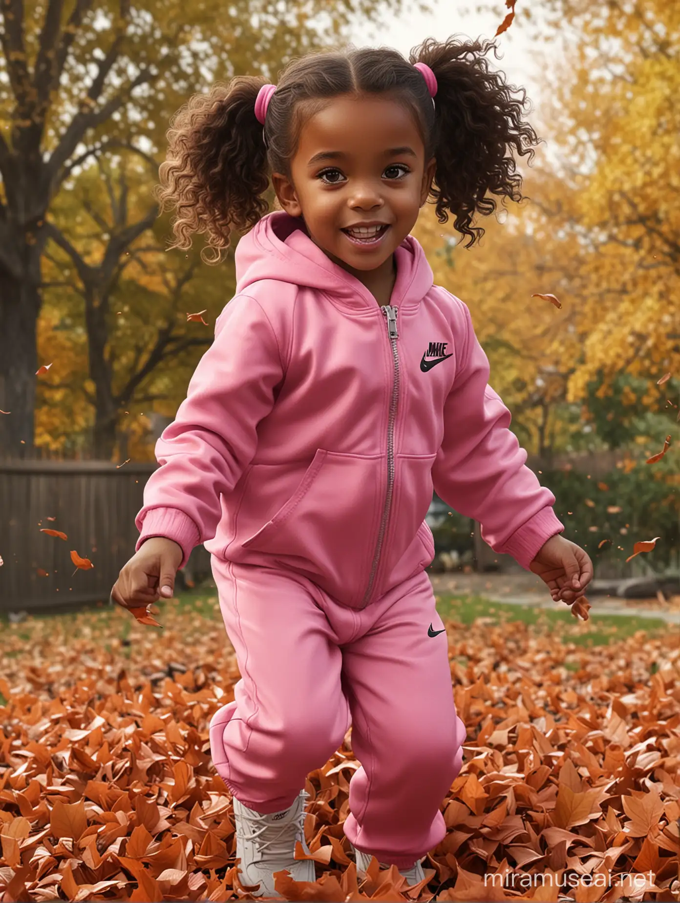 create a hyper realistic african american little  girl with long dark curly pigtails brown eyes dressed in a Nike pink wind suit and Jordan’s jumping into a pile of leaves in her backyard, her face shows joy and excitement, her Rottweiler puppy jumps in with her. highly detailed. uhd image, natural beauty realistic shot.hyper hd detailed.4k. --s 1000 --v 6.0