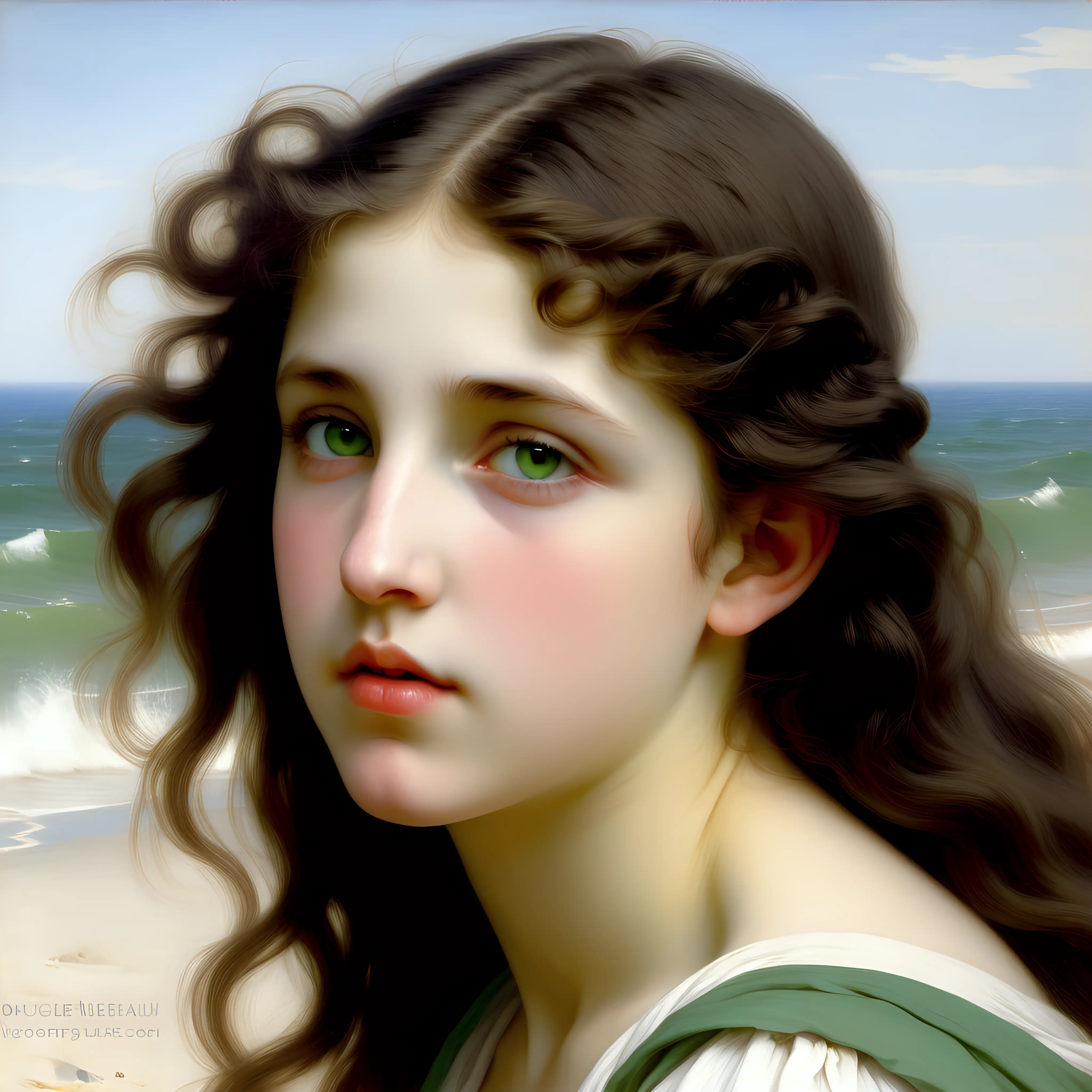 Bouguereau Beautiful Girl with Green Eyes Serene Side Profile by the Beach