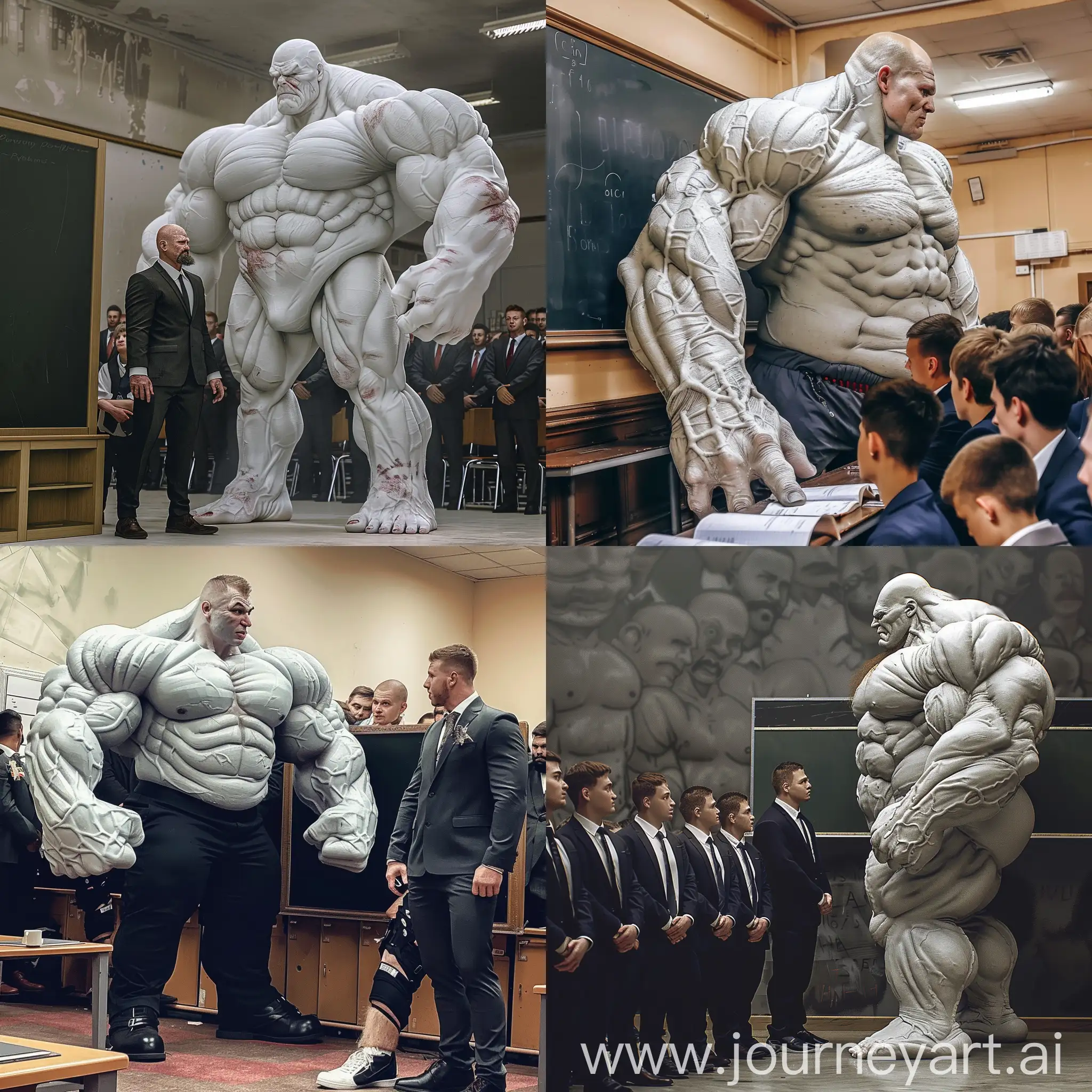  leaning against black board in classroom, side view ,full body,  scruffy unshaven  3-meters-over pumped-strongman as a teacher in suit, looking at camera bulky-physique 500 kilograms, big porpotions biceps , unshaven , 8-foot-tall-white SKIN internatinal-hunky-bodybuilder mix size chilling with his very-giant-sized-bodybuilder-male, .enormous swollen enlarged 600-inches-biceps, long humongous arms, oversized thick triceps, enormous forearms, gigantic traps, massive back muscles oversized bulging shoulders, IN MIDDLE OF A CROWD OF MEN