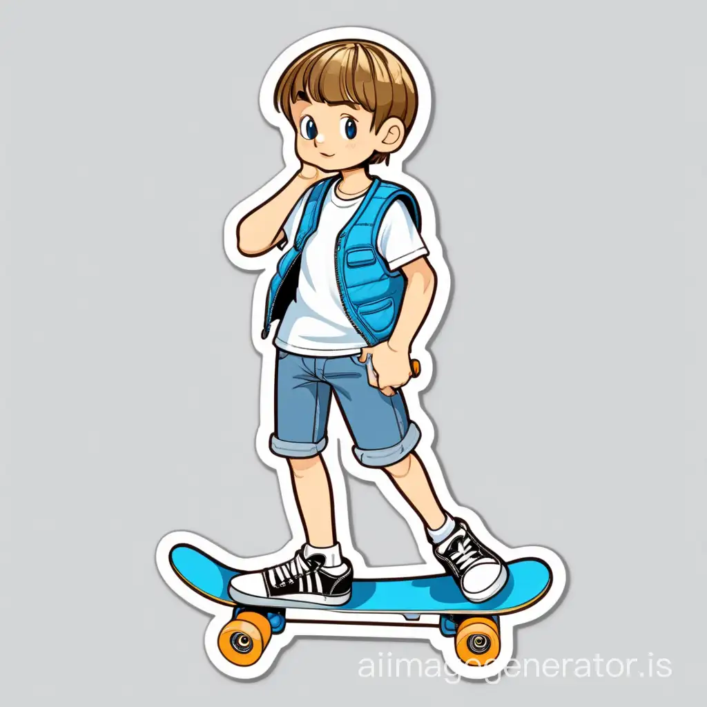The boy in a white T-shirt and blue vest stands with a skateboard, cartoon, sticker