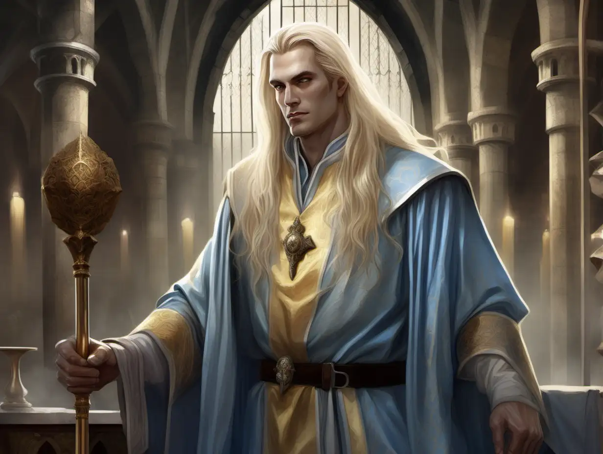 sleazy handsome man, cleric, long straight blond hair, pale greyish blue and gold robe, mace, castle interior, Medieval fantasy painting, MtG art