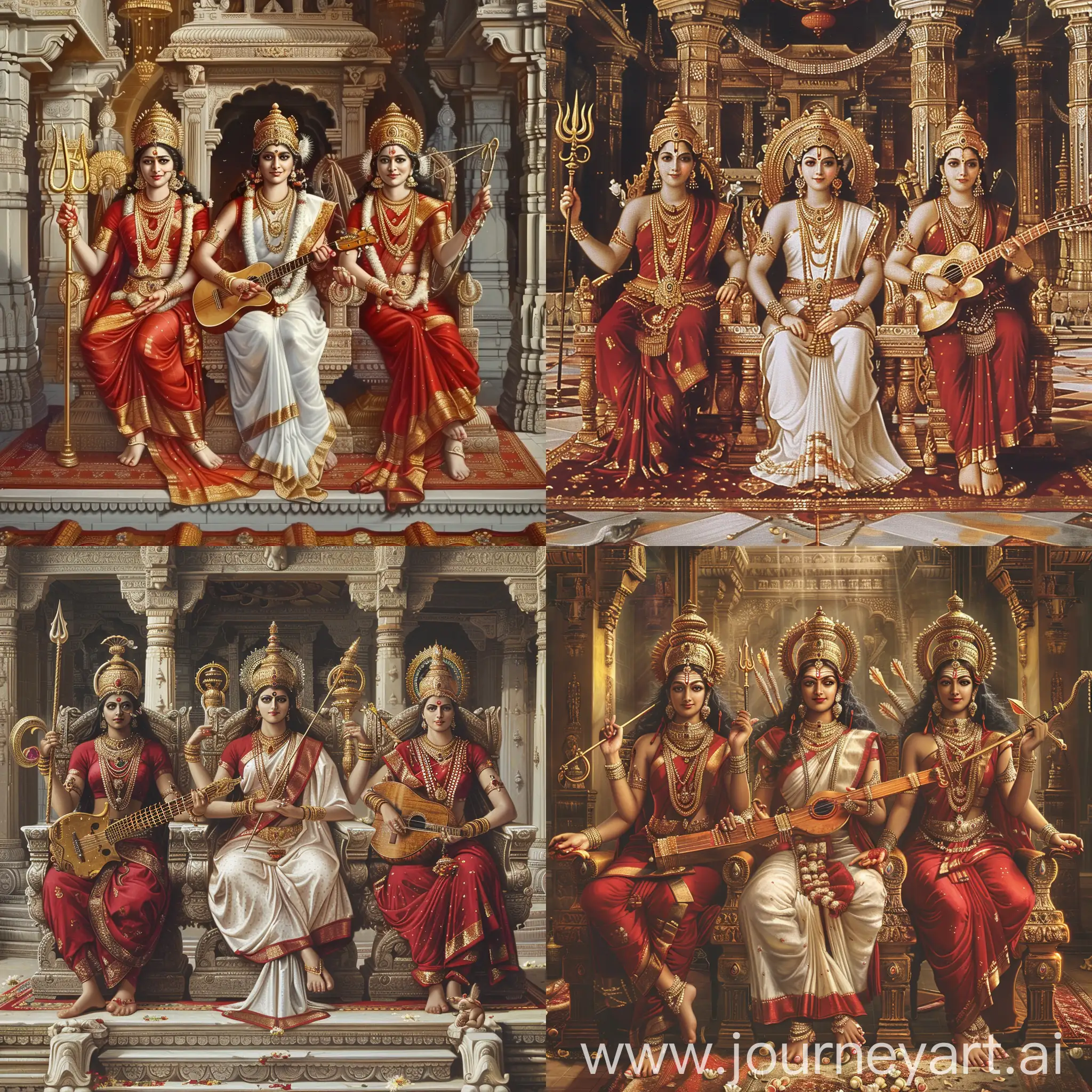 Tridevi : three Hindu goddesses are sitting on their thrones,

the first left one is Parvati who wears red clothes and holds a golden trident in hands,

the second middle one is Saraswati who wears white clothes and holds an ancient Indian guitar in hands,

the third right one is Lakshmi who wears red clothes and holds a golden bow and arrow in hands,

they are all inside a splendid hindu temple,
