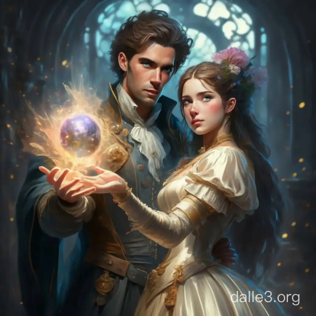 сгенерируй картинку мужчина держит в руке магический сгусток, магия, другой рукой мужчина обнимает девушку, красивая девушка в викторианском платье прижимается к мужчине, фэнтези, магия и волшебство