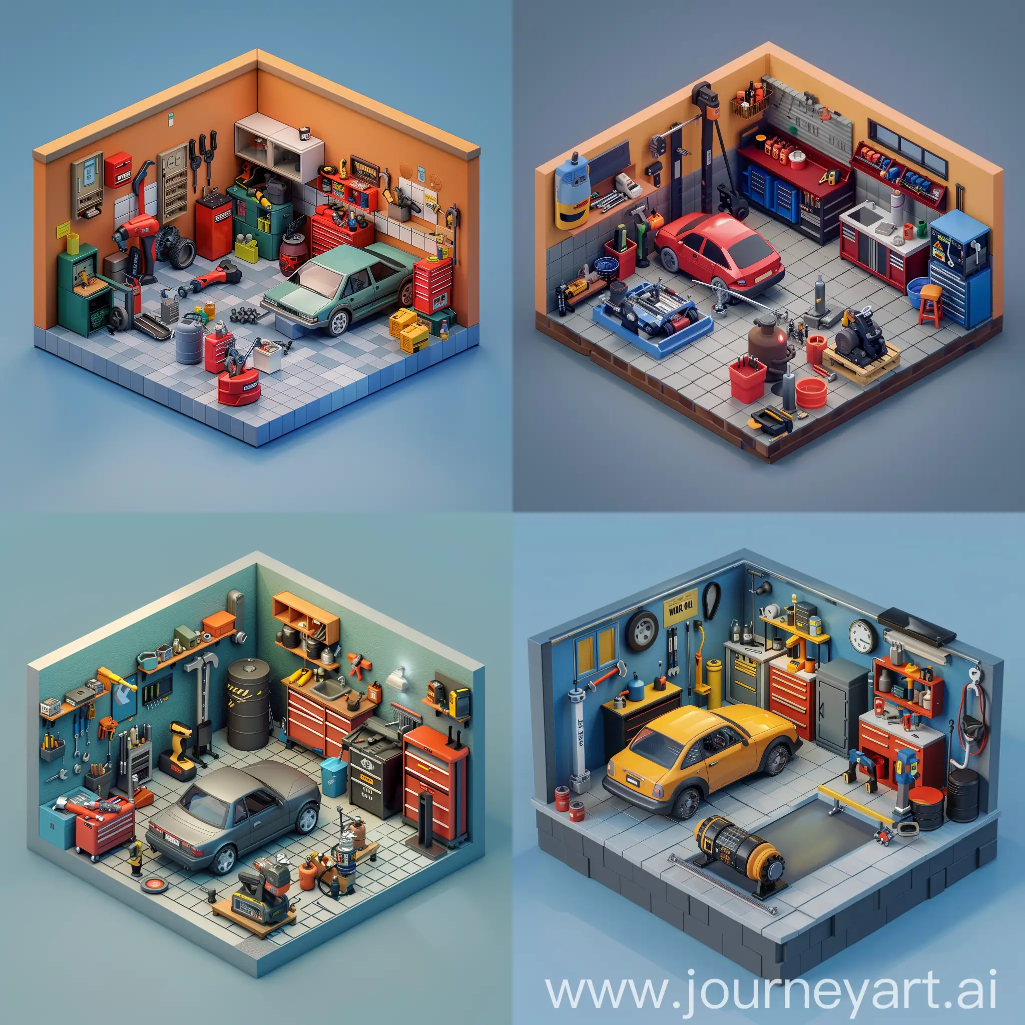 The interior, compact, clutter, tiny, garage with a small car, consist well full equipments should have Floor Jack, Torque Wrench, Air Compressor, Workbench, Tool Box, Oil. 3d isometric game style on blank background. The model should be appropriate with a cube shape, quality in 4k and high detailed