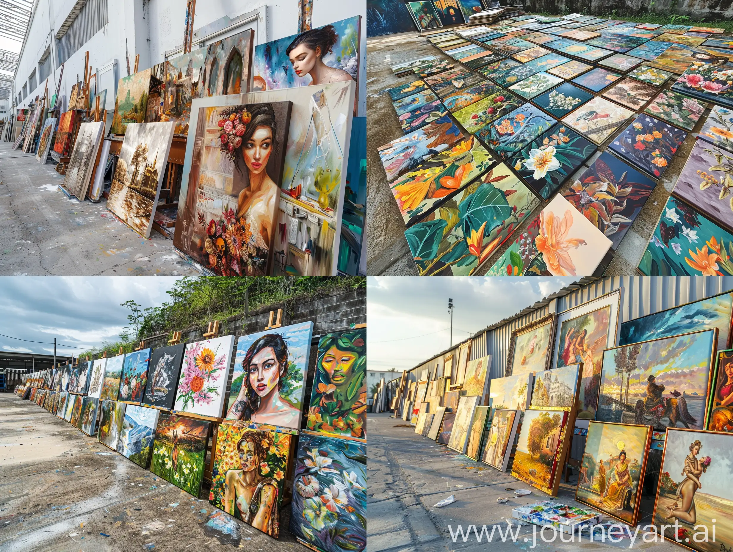 ((Super large oil painting studio))), (((Large quantity of handmade oil paintings))), ((Arranged in order)), ((Clean non-reflective cement ground)), (Realistic, 8K resolution image quality, panoramic)