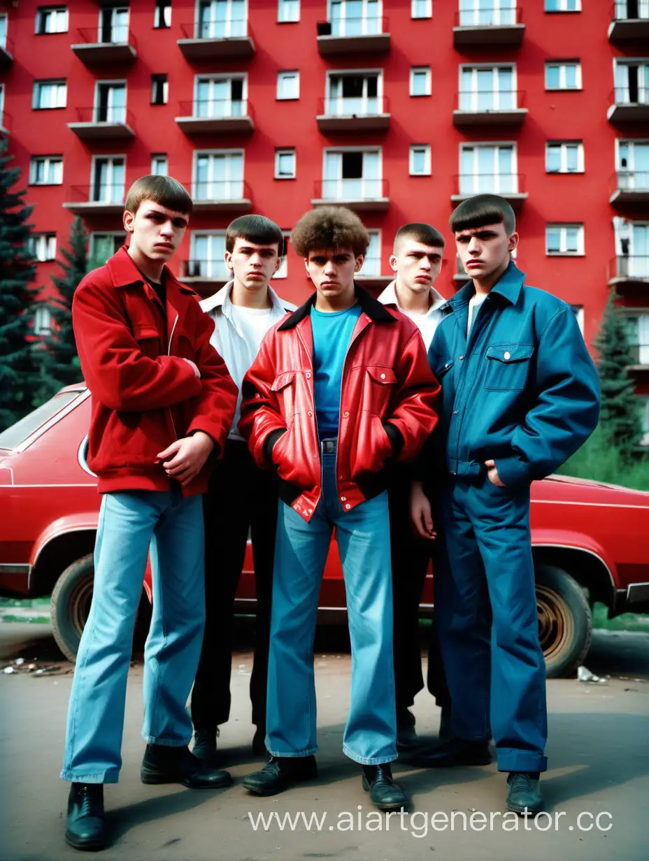 подростки-бандиты в 1980-е годы из ссср стоят на фоне красной  машины и сзади хрущевские многоэтажки