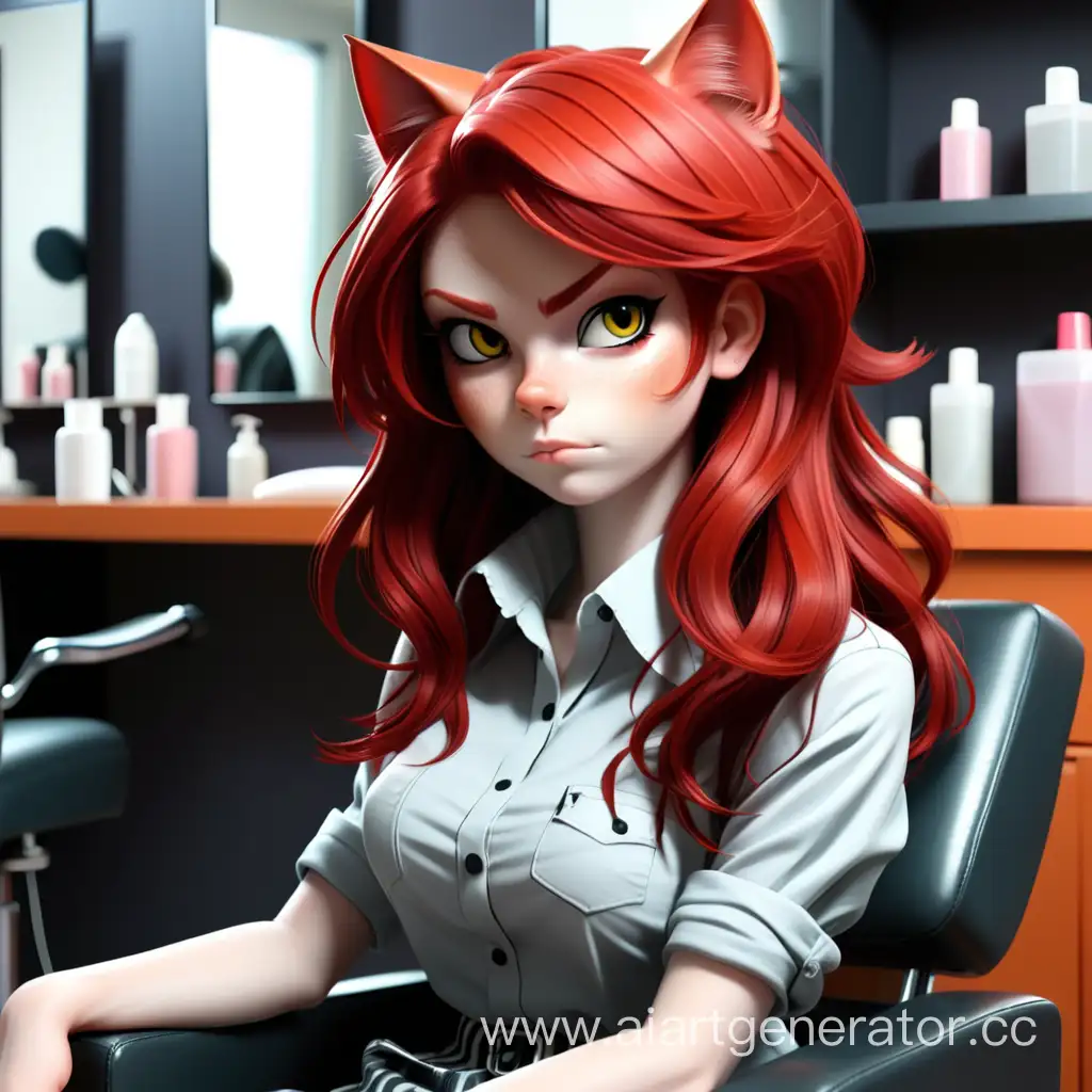 Неко-тян с красными волосами в рубашке в парикмахерском кресле 