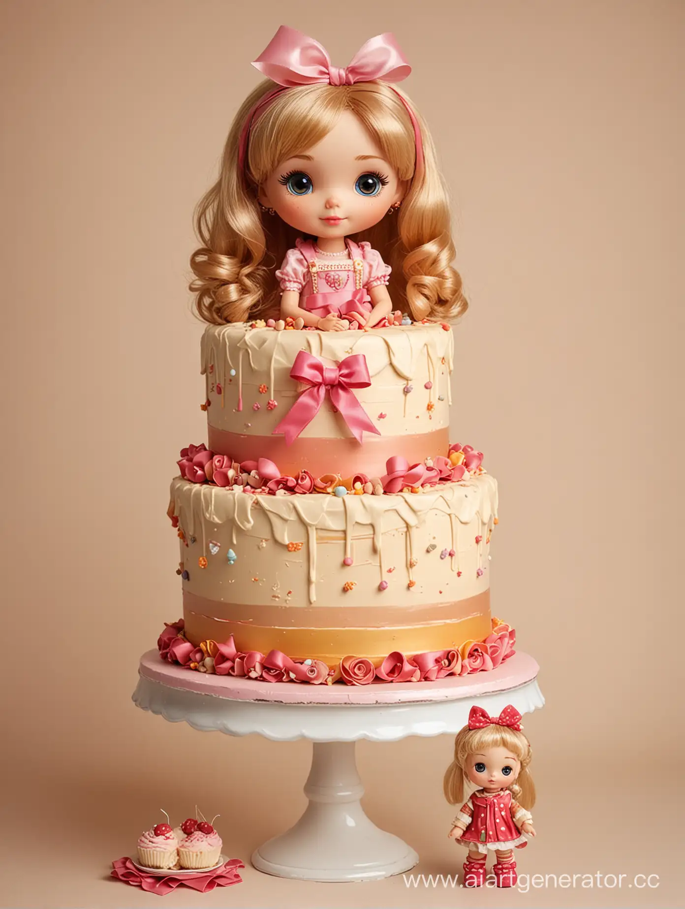 Bright-Cake-and-Doll-with-Ribbon-on-Beige-Background