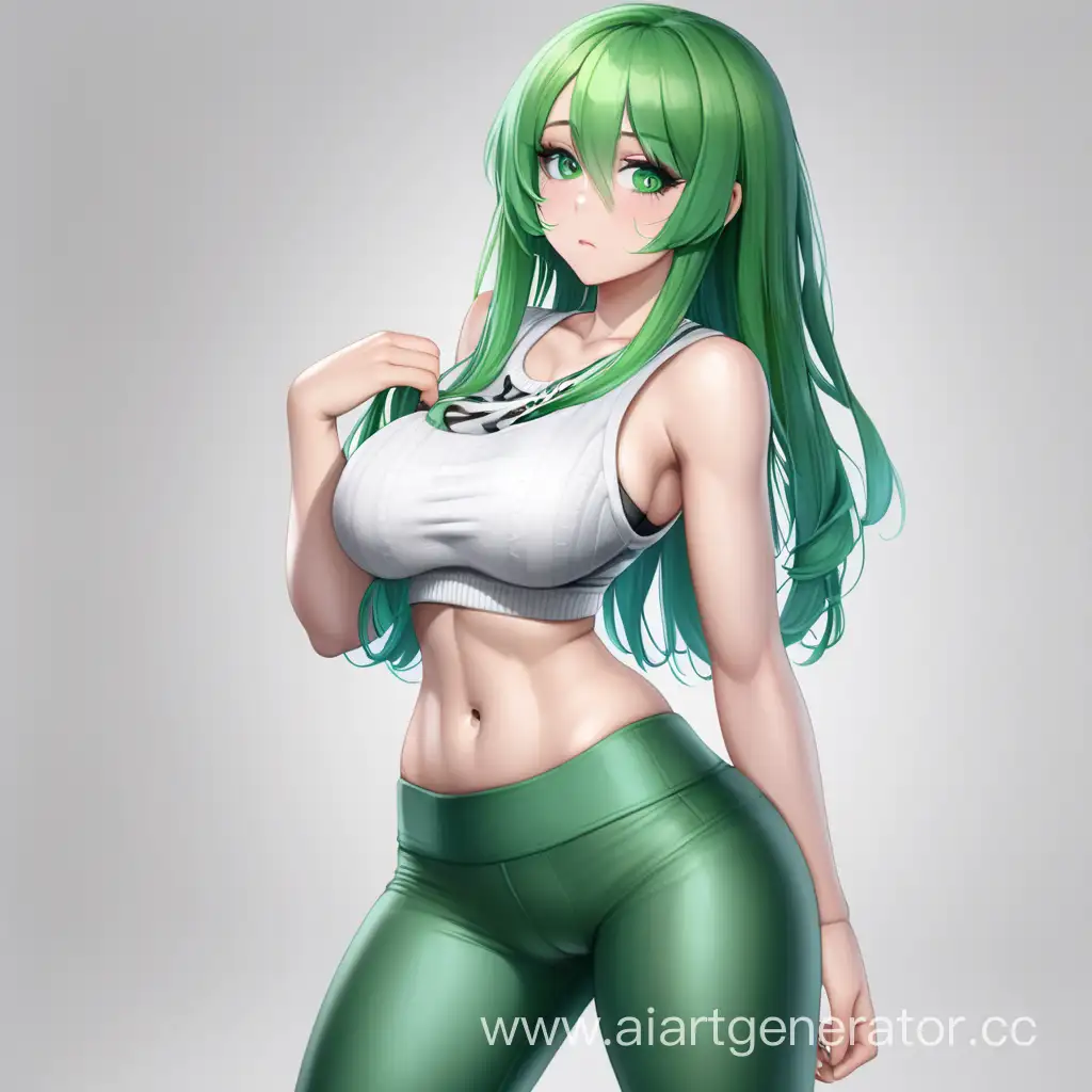 girl, green hair, white sleeveless, green leggings, big breasts, a sweater tied around the waist