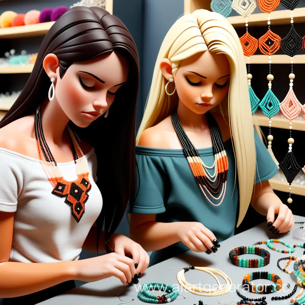two girls, one with dark hair and the other with blond hair, make beaded jewelry in their store