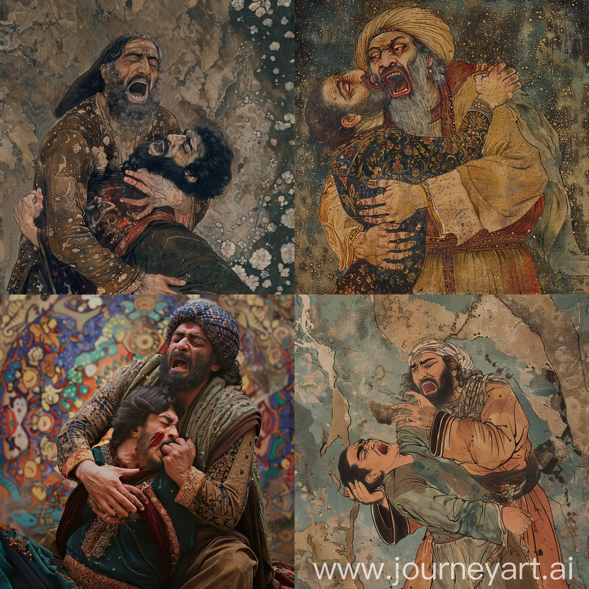 create an image capturing the poignant moment of the tragic aftermath of the battle between Rostam and Sohrab from the Shahnameh. In this scene, Rostam is depicted in a state of despair, crying and screaming desperately as he holds his son, Sohrab, in his arms. It’s a powerful representation of the emotional intensity found in the epic poem.
