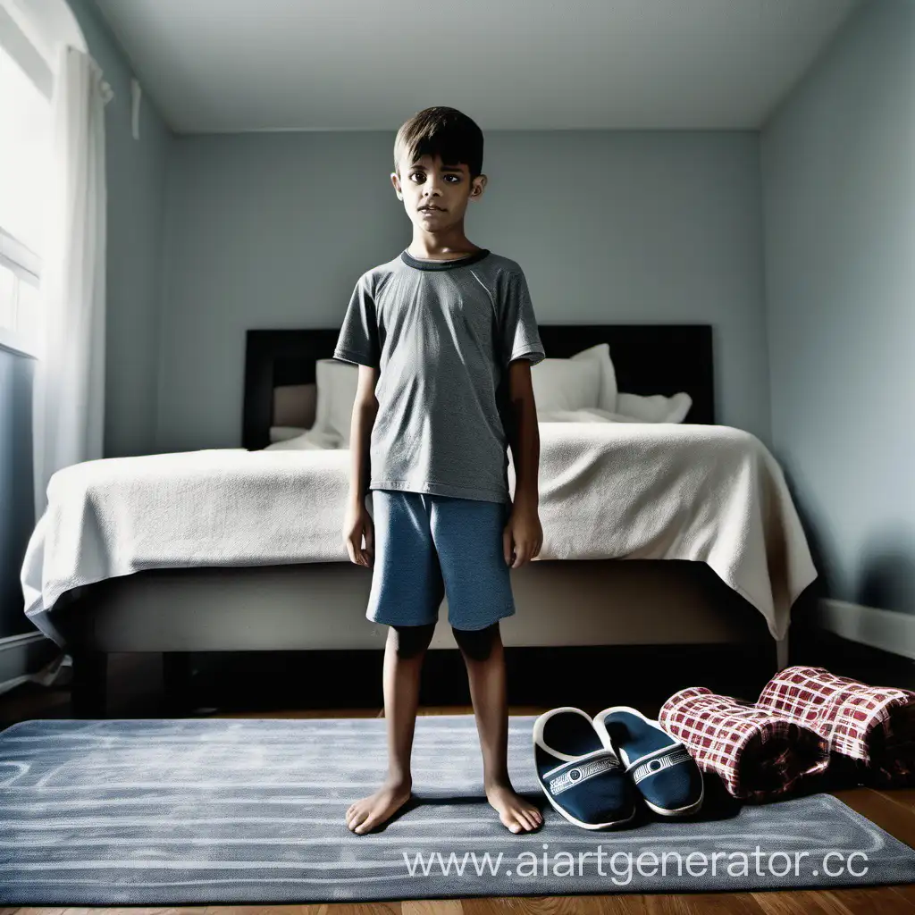 Мальчик оддинадцати лет стоит около кровати на сером коврике роста 149 в семейных трусах и домашних тапочках руки опустив