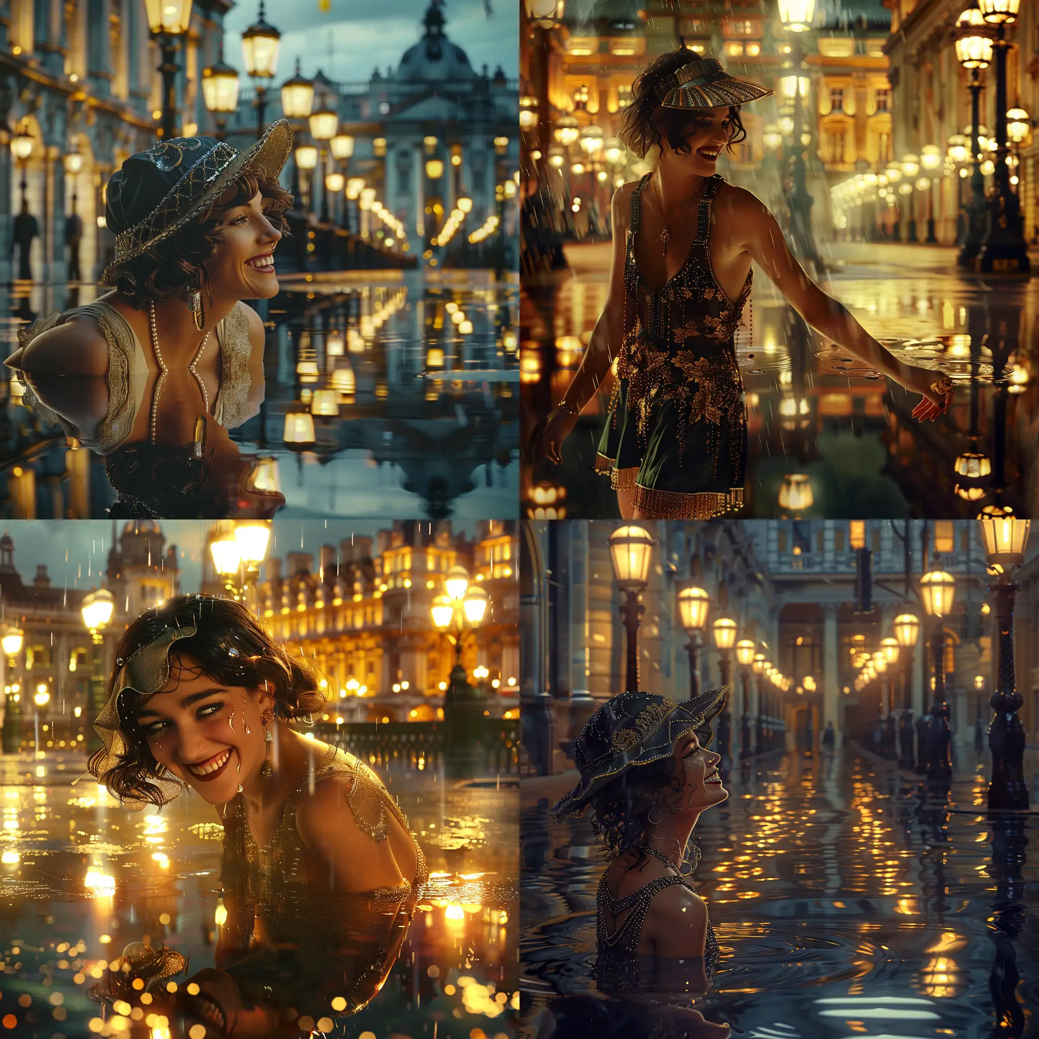 A highly detailed image of a beautiful 1920s flapper woman smiling as she dances in the rain in central London. The street lamps are reflected in the puddles. Beautiful magical mysterious fantasy surreal highly detailed