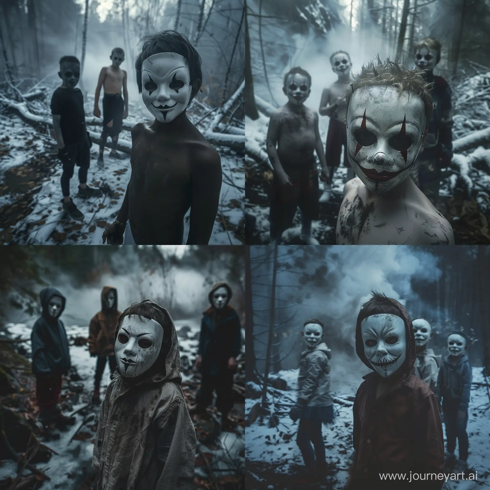 photography, realistic, full body, 4 children with a scary white mask, one of them stands directly in front of the camera and the main focus is on him, one of them stands in front of the camera , dark, chaos, snowy area in the forest, mist,
