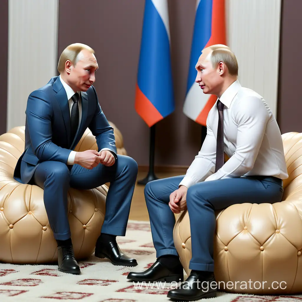 Putin and a young guy with blonde hair are sitting on poufs and discussing something fun