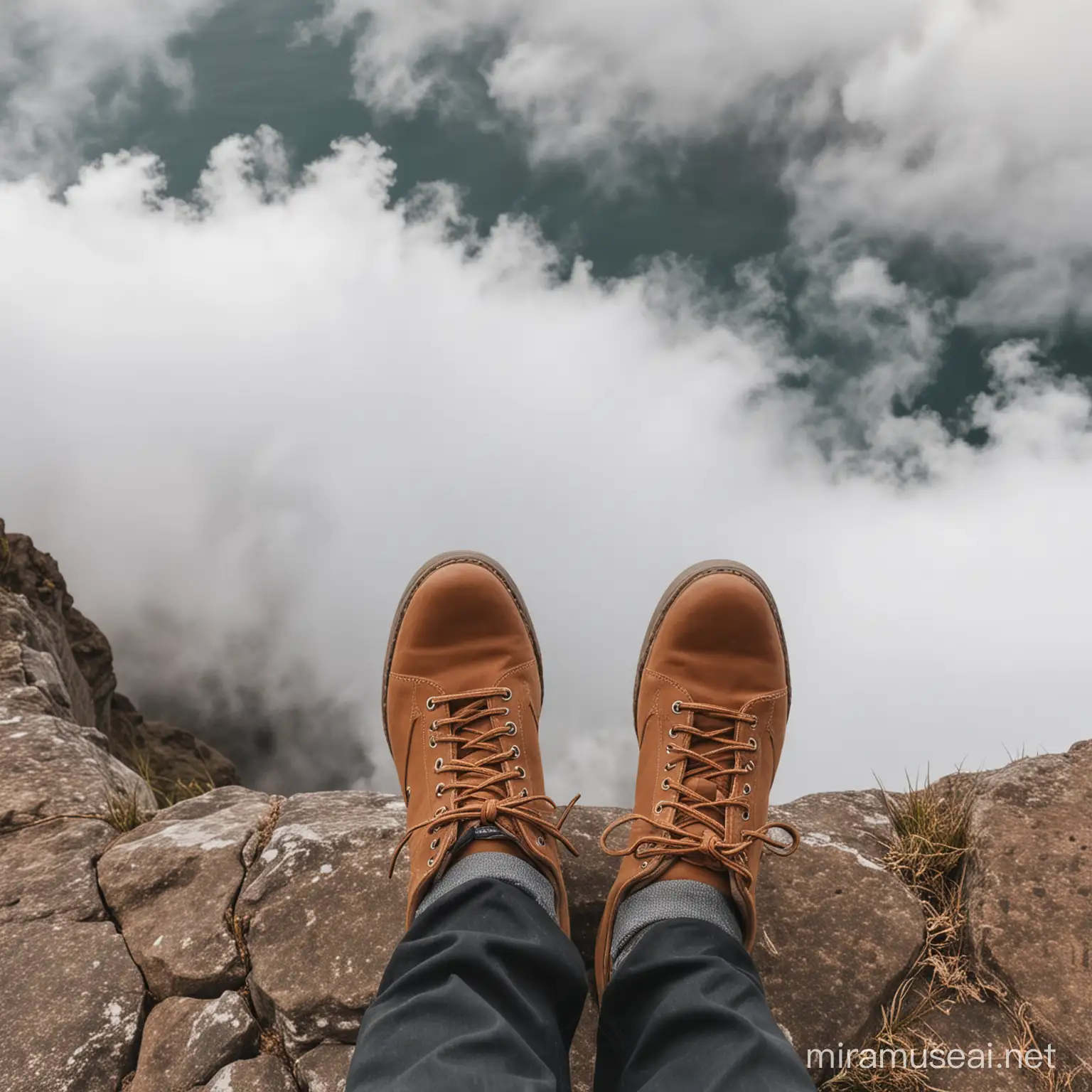 close up of shoes with one foot stepping off a cliff with only clouds below