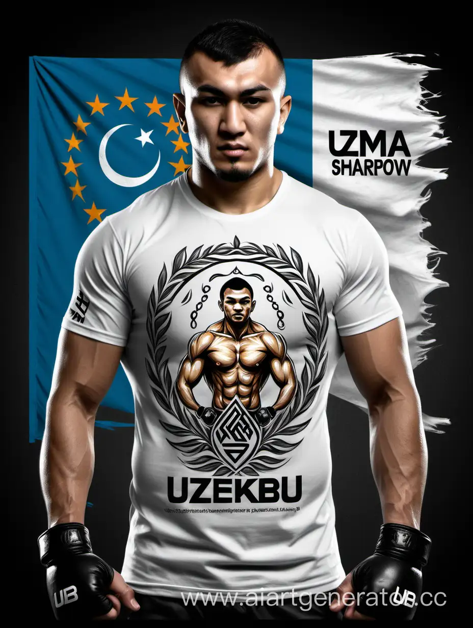 make a T-shirt design with an Uzbek mma fighter in front and an Uzbek flag and the inscription design by FARHOD SHARIPOV for the UZB MMA clothing brand should be on the back. UZB MMA is an Uzbek sports fighting clothing brand