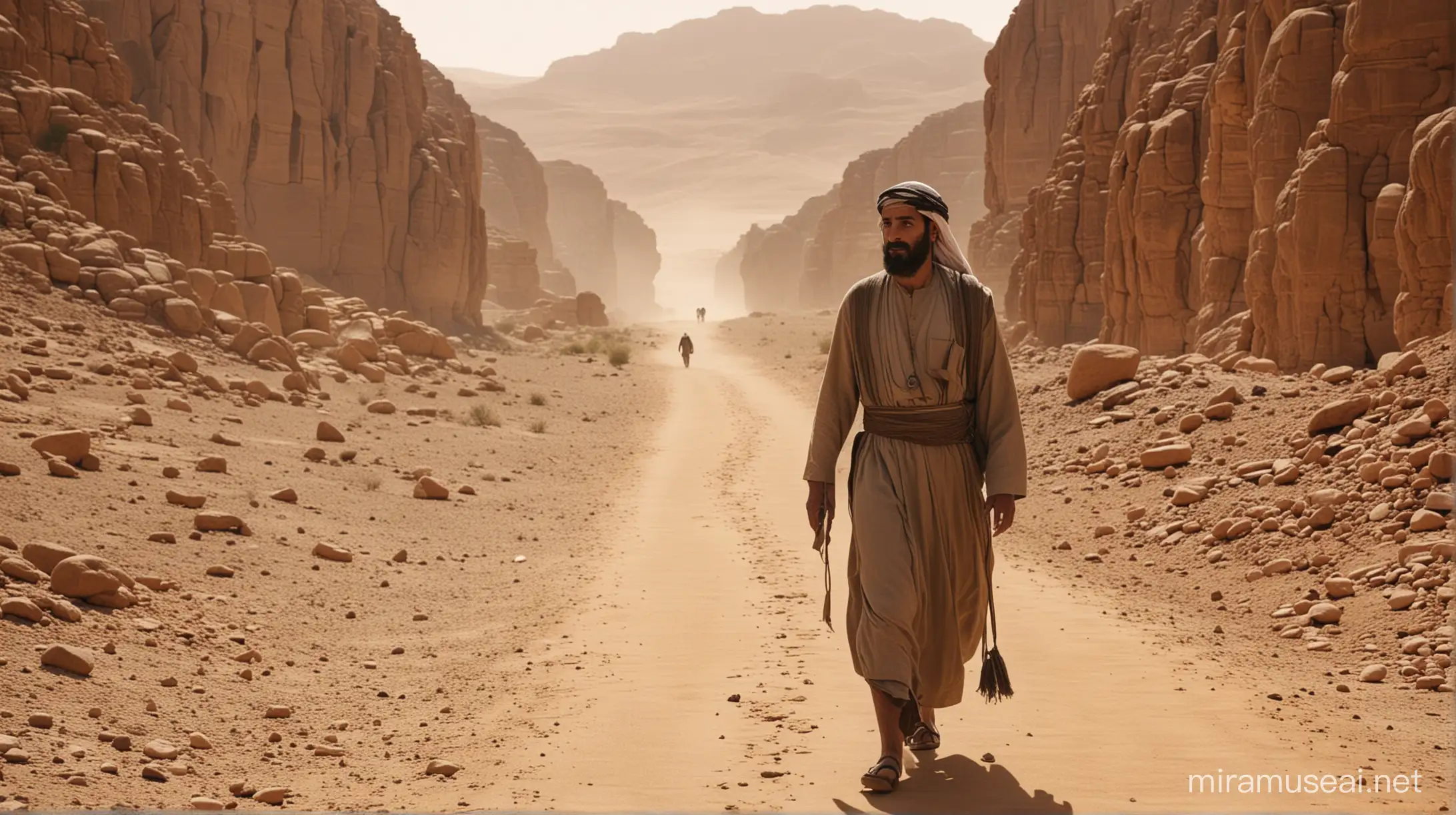  a close up of a  40 year old arab man walking alone down a desert track, set in the Era of moses