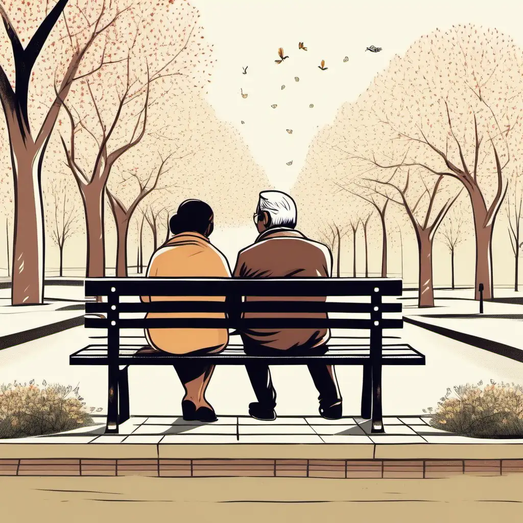  illustration of   Indian couple  60 year old  from back  , sitting on a bench,  drinking tea in the park in spring season

