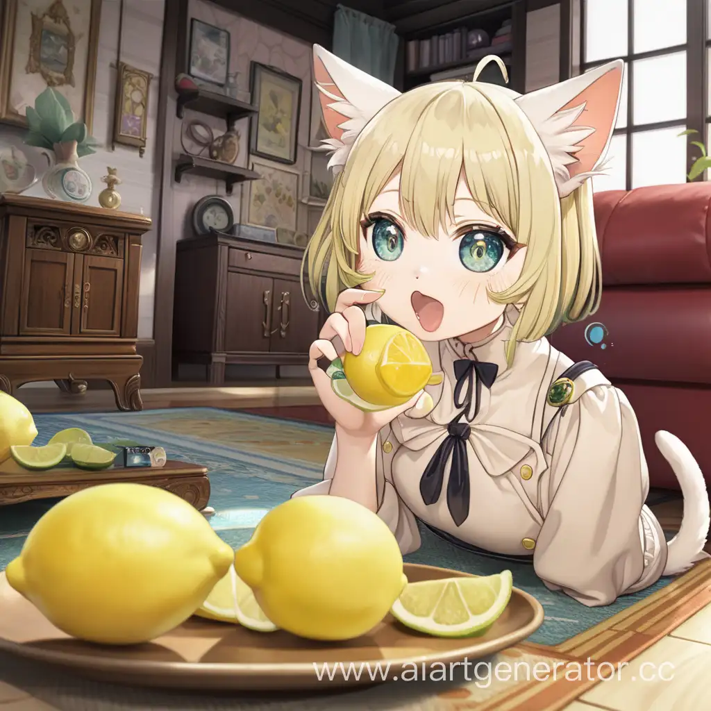 An anime kitten eats a lemon in an anime house and is watched by its anime mistress filming it on her phone