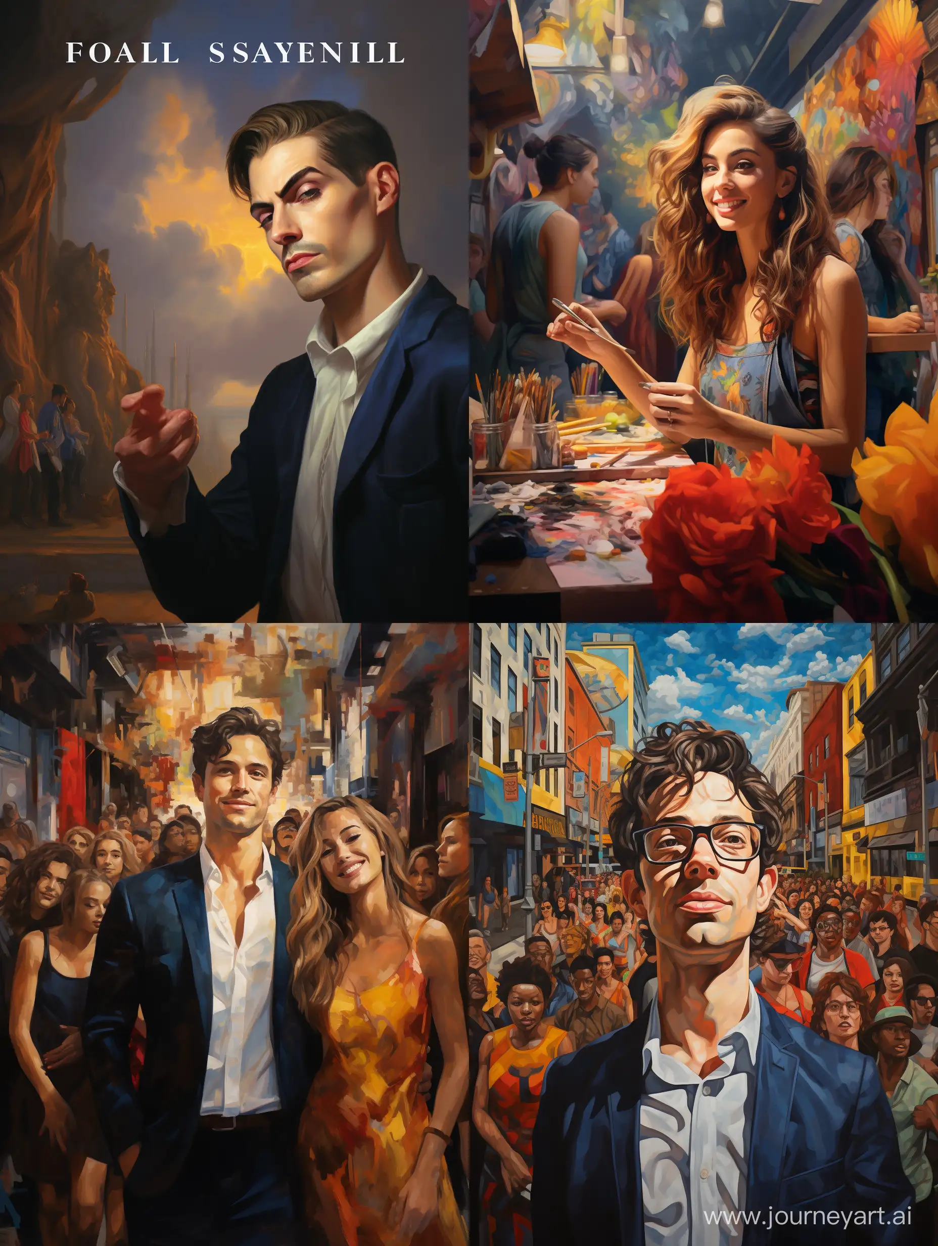 Produce an oil paint-style scene portraying a person confidently presenting their public face to the world, set in a dynamic or vibrant environment.