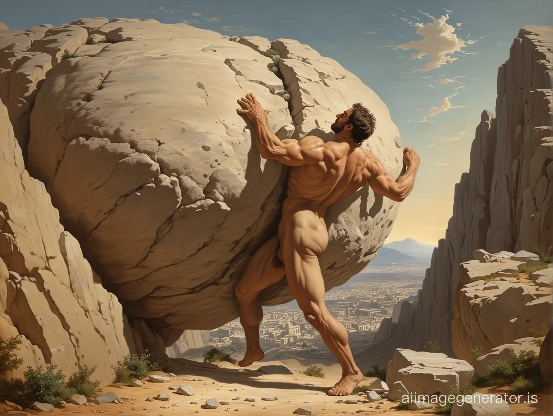 ancient Greece far away Sisyphus pushing rock uphill muscled body