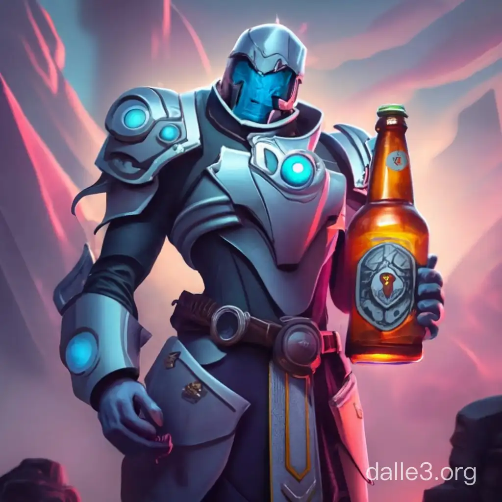 realistic, high resolution, dota 2 arc warden holding a beer 
