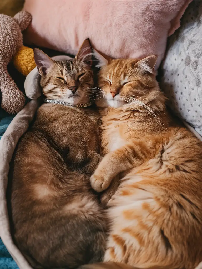 две кошки, абиссинская и золотая шиншилла, вместе лежат и спят