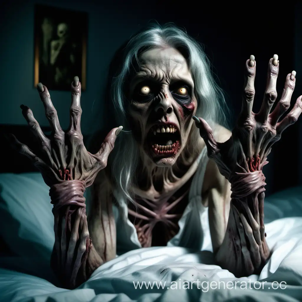 Eerie-Hyperrealistic-Undead-Woman-Stands-by-Bed-in-Horrifying-Night-Scene