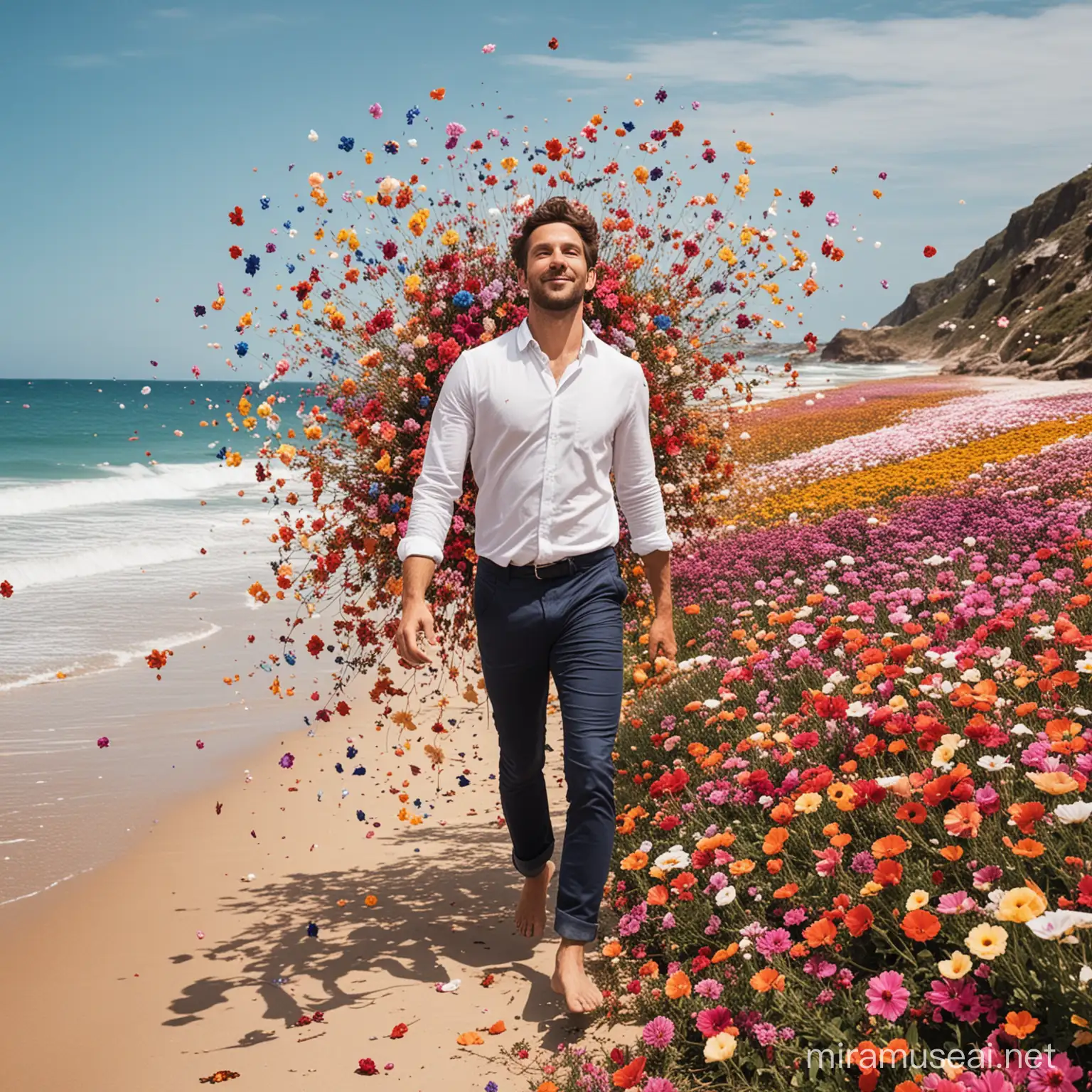 a man on a beach with a lot of colourfull flowers that fly around him

